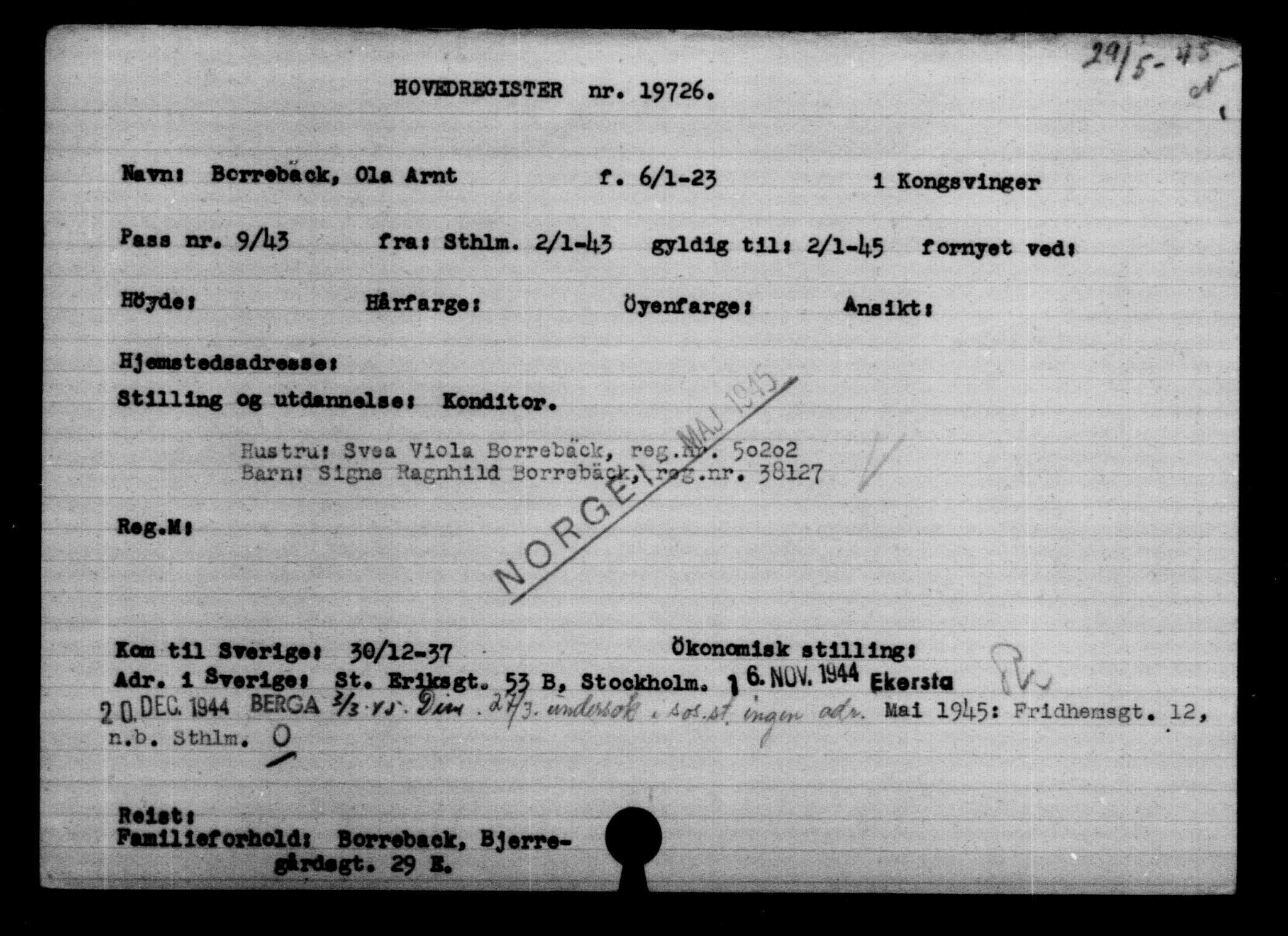 Utenriksstasjonene, Legasjonen i Stockholm, Flyktningkontoret, AV/RA-S-6753/V/Va/L0009: Kjesäterkartoteket, flyktninger med registreringsnr. 18502-22048, 1940-1945, s. 1382