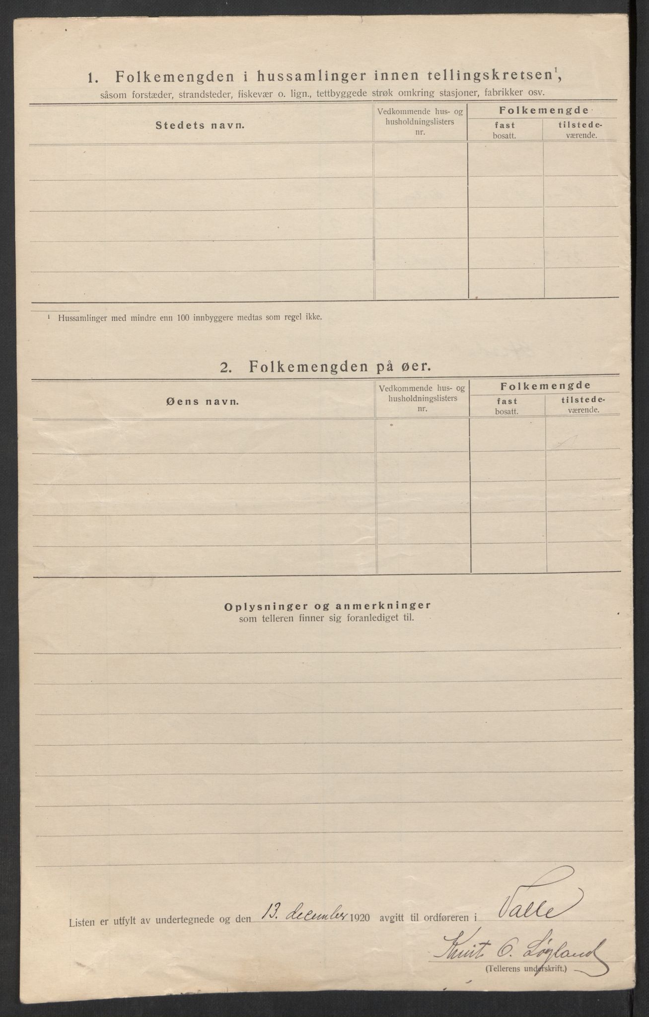 SAK, Folketelling 1920 for 0940 Valle herred, 1920, s. 20