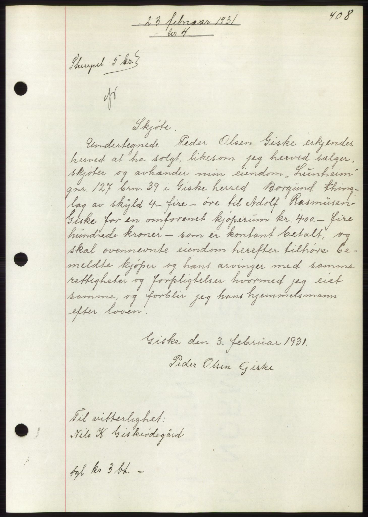 Nordre Sunnmøre sorenskriveri, AV/SAT-A-0006/1/2/2C/2Ca/L0047: Pantebok nr. 47, 1930-1931, Tingl.dato: 23.02.1931