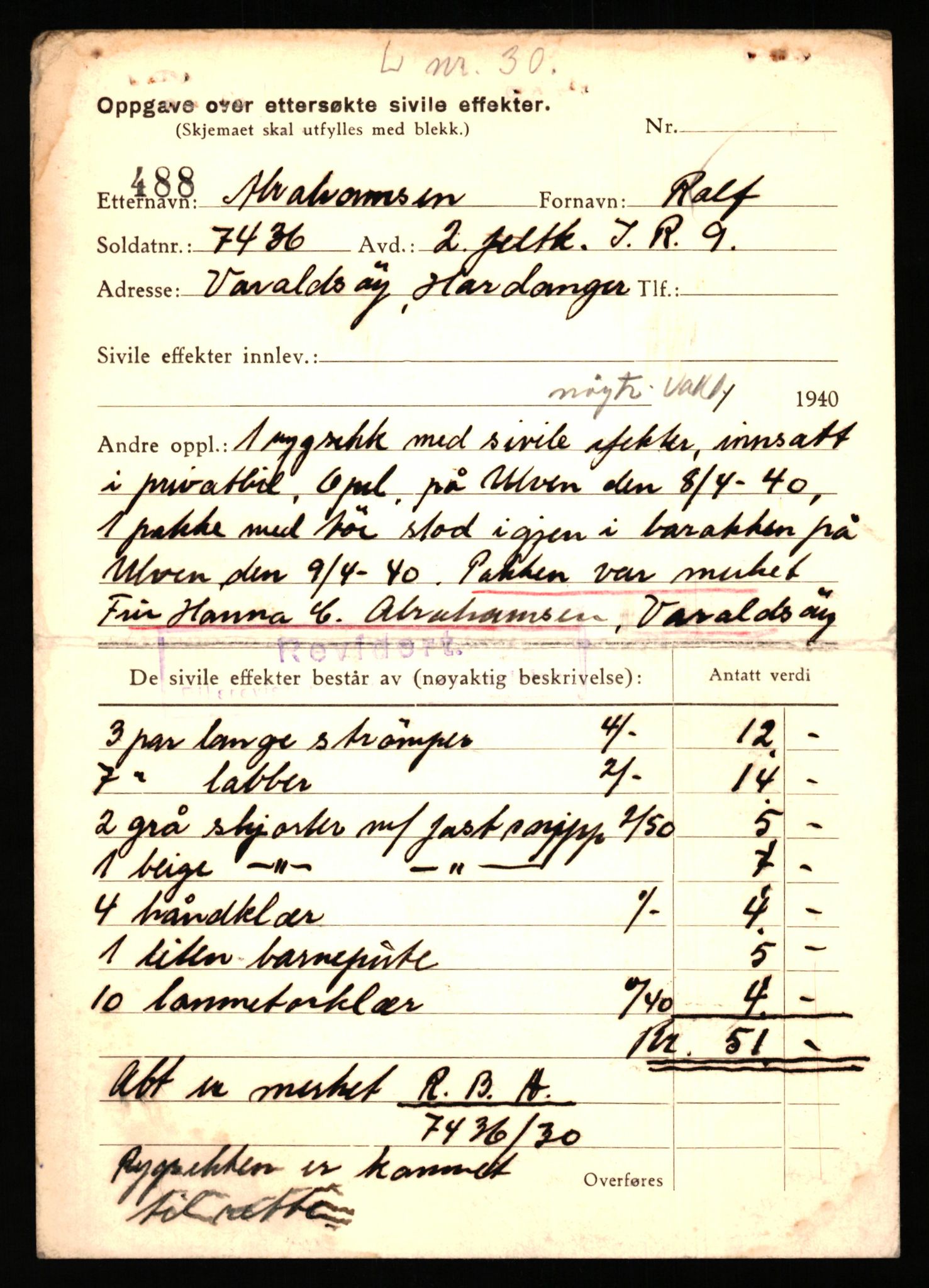 Justisdepartementet, Oppgjørsavdelingen, AV/RA-S-1056/G/Gb/L0001: Oppgaver over ettersøkte sivile effekter: Abel - Andersen, Anders J., 1940-1942, s. 125