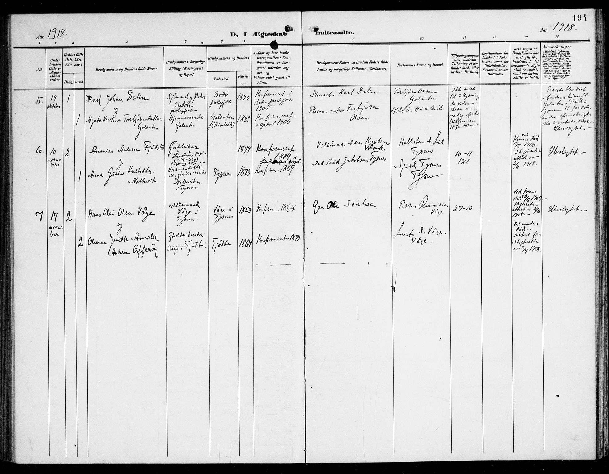 Tysnes sokneprestembete, SAB/A-78601/H/Haa: Ministerialbok nr. B 2, 1907-1925, s. 194