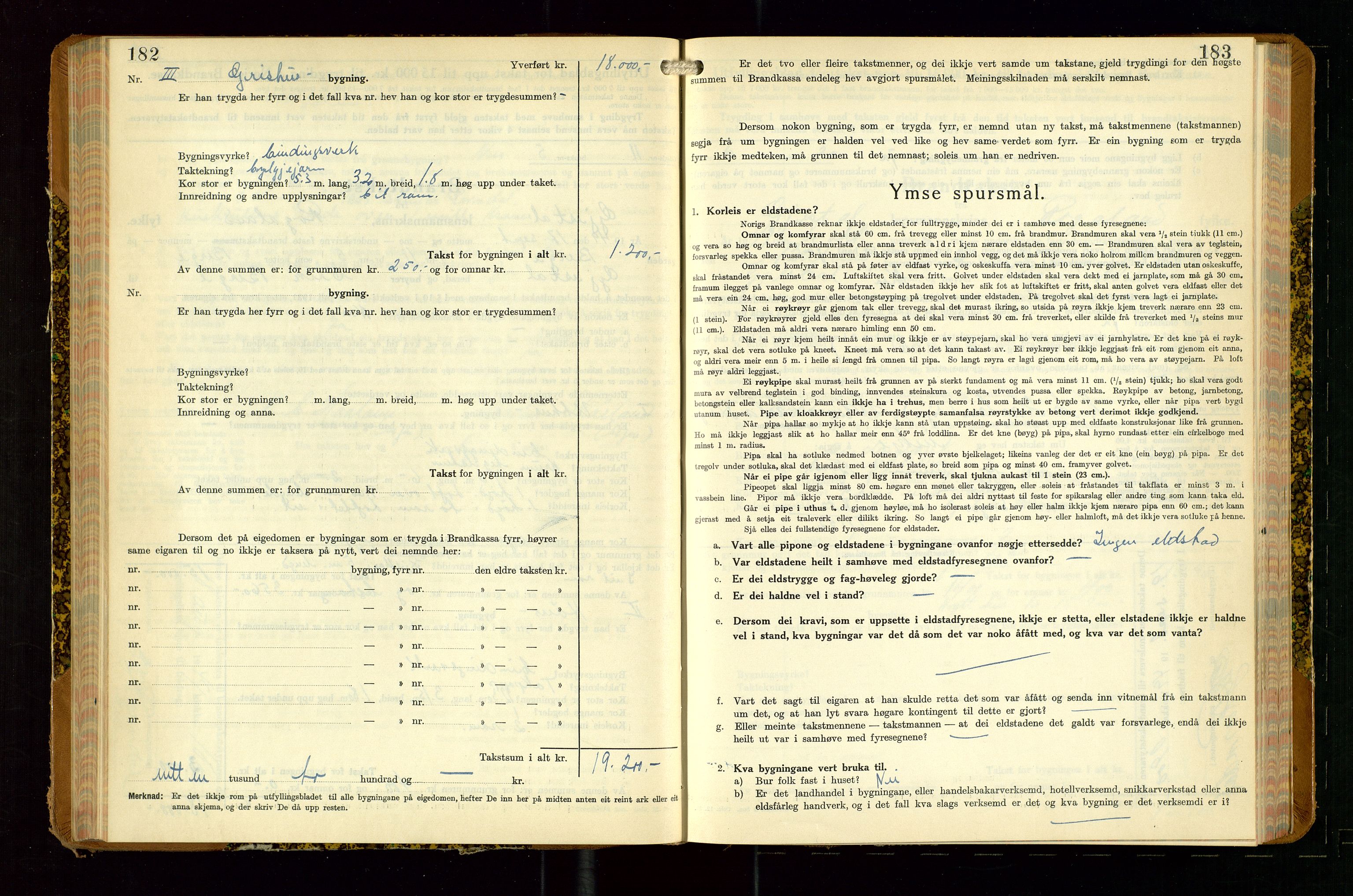 Gjesdal lensmannskontor, SAST/A-100441/Go/L0008: Branntakstskjemaprotokoll, 1937-1955, s. 182-183