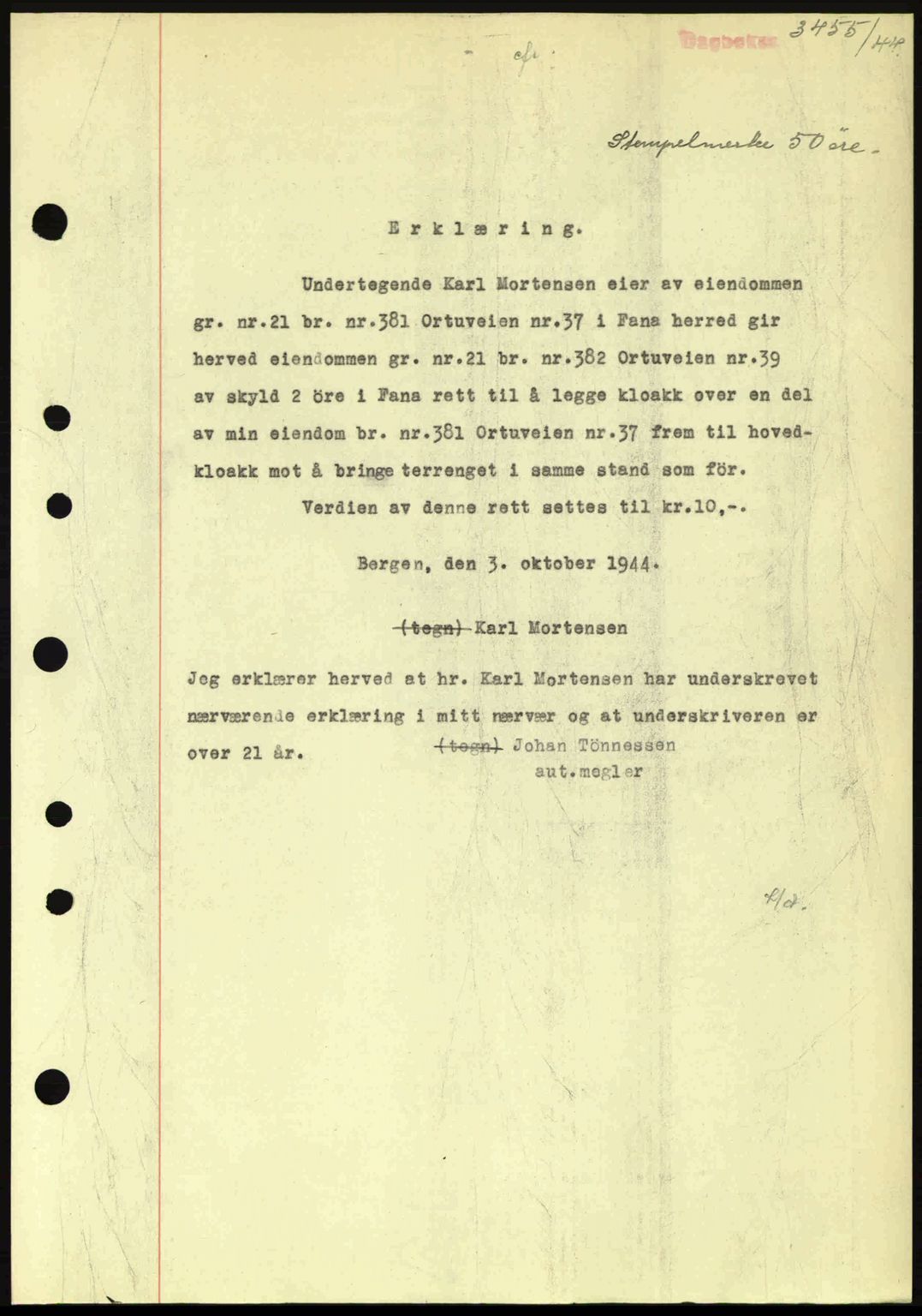 Midhordland sorenskriveri, SAB/A-3001/1/G/Gb/Gbj/L0019: Pantebok nr. A37-38, 1944-1945, Dagboknr: 3455/1944