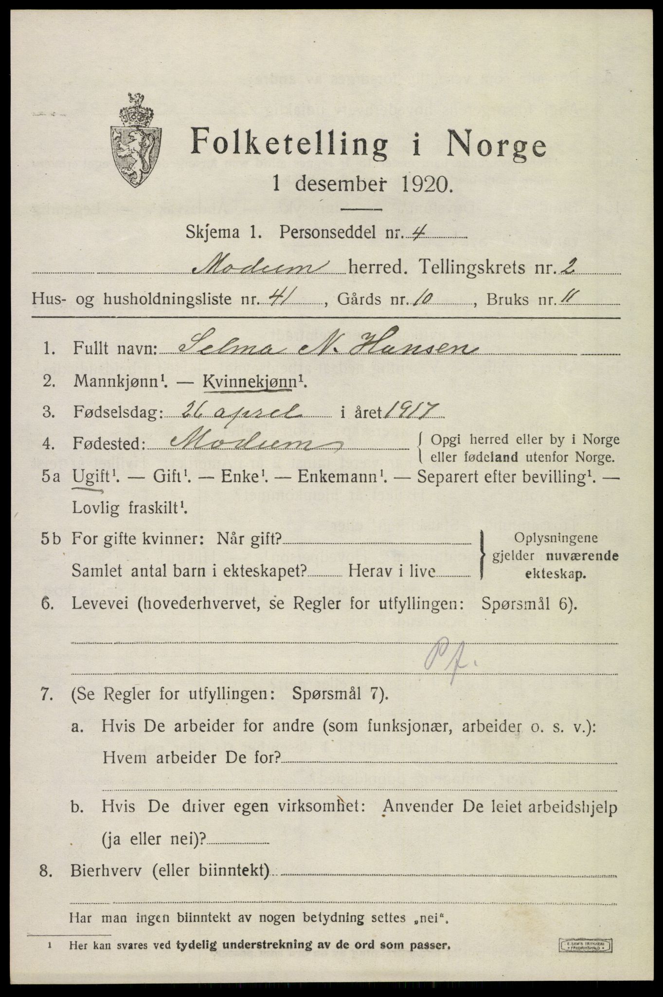 SAKO, Folketelling 1920 for 0623 Modum herred, 1920, s. 4667