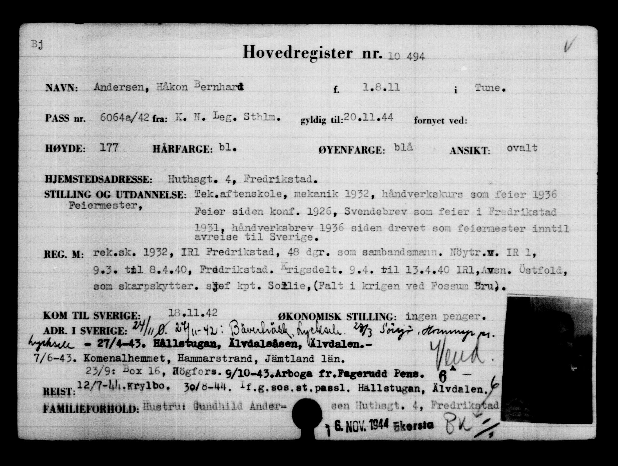 Utenriksstasjonene, Legasjonen i Stockholm, Flyktningkontoret, AV/RA-S-6753/V/Va/L0006: Kjesäterkartoteket, flyktninger med registreringsnr. 9400-12711, 1940-1945, s. 1262