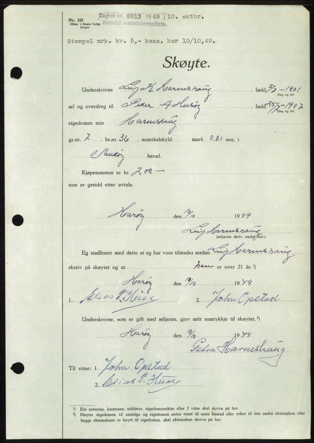 Romsdal sorenskriveri, SAT/A-4149/1/2/2C: Pantebok nr. A31, 1949-1949, Dagboknr: 2813/1949