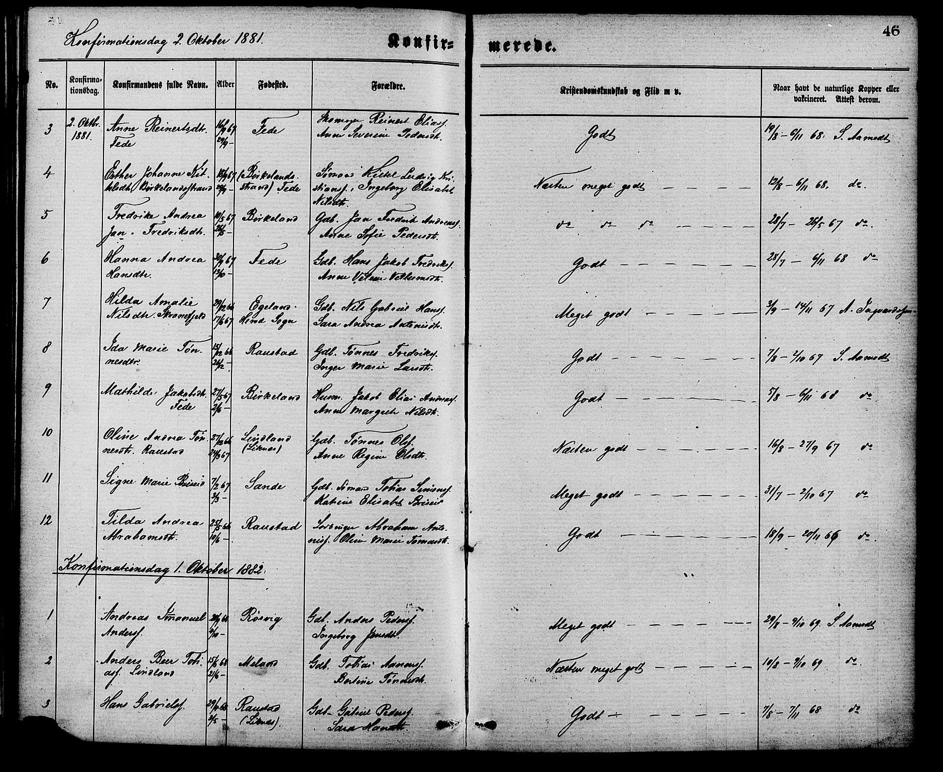 Kvinesdal sokneprestkontor, SAK/1111-0026/F/Fa/Faa/L0003: Ministerialbok nr. A 3, 1877-1882, s. 46