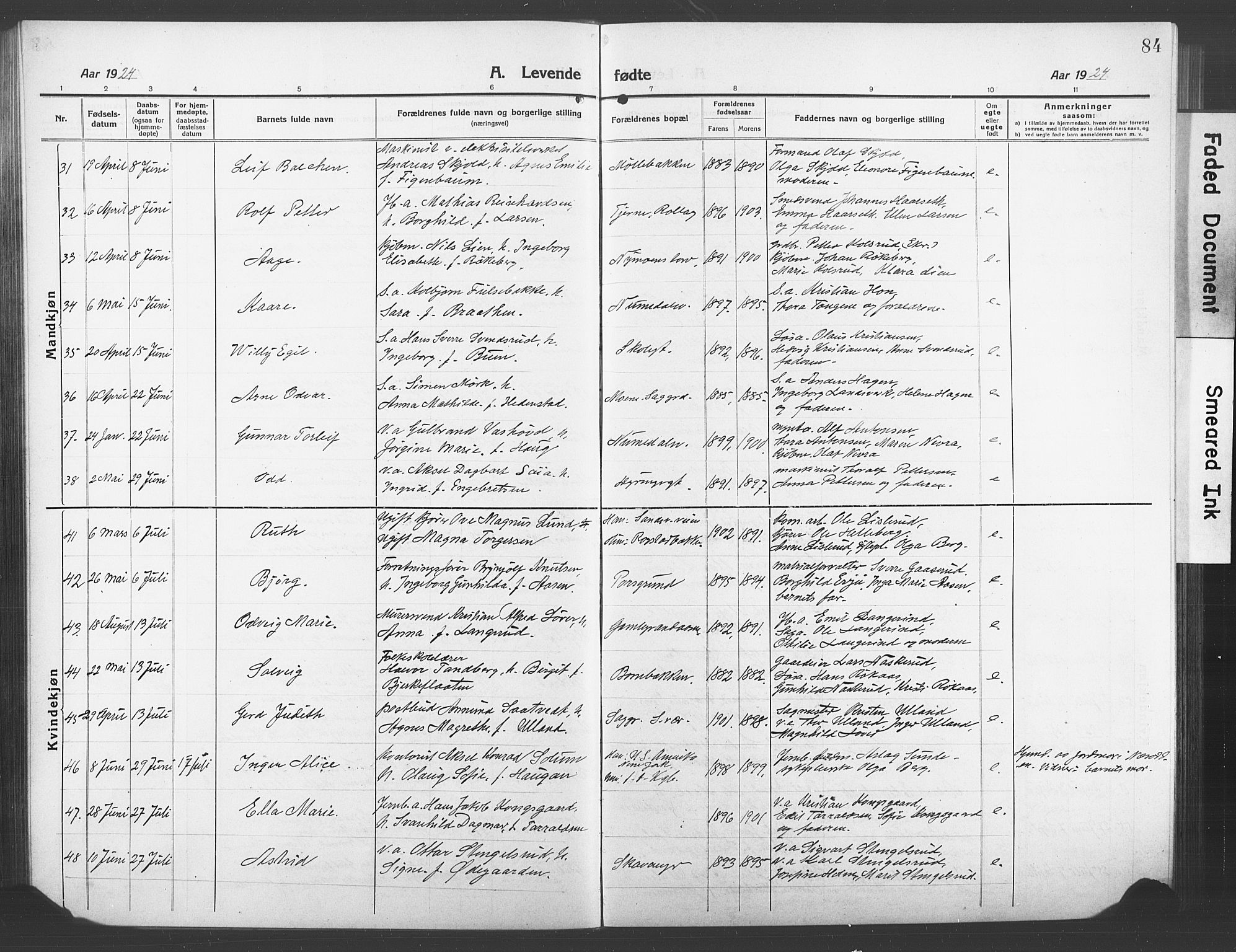 Kongsberg kirkebøker, AV/SAKO-A-22/G/Ga/L0008: Klokkerbok nr. 8, 1915-1932, s. 84