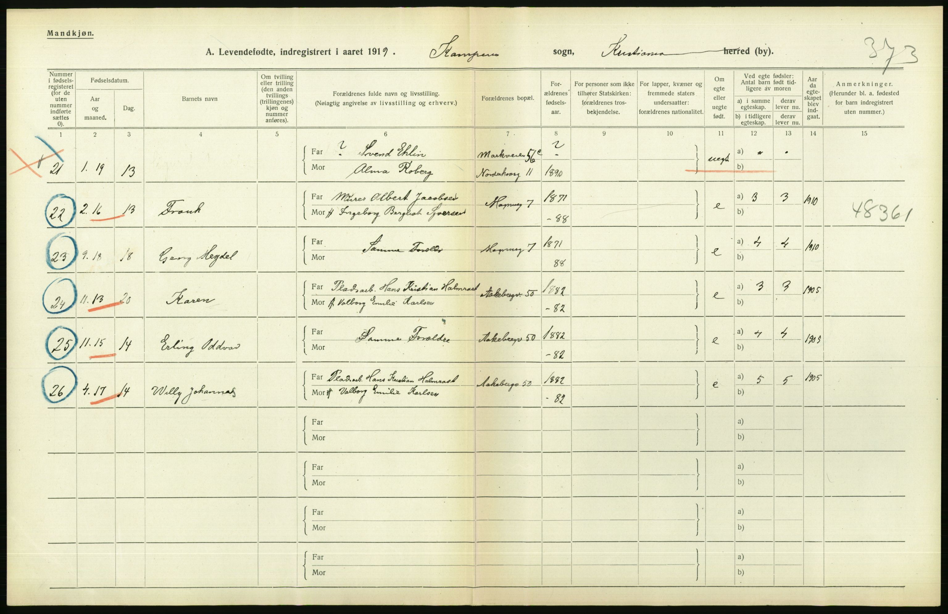 Statistisk sentralbyrå, Sosiodemografiske emner, Befolkning, AV/RA-S-2228/D/Df/Dfb/Dfbi/L0008: Kristiania: Levendefødte menn og kvinner., 1919