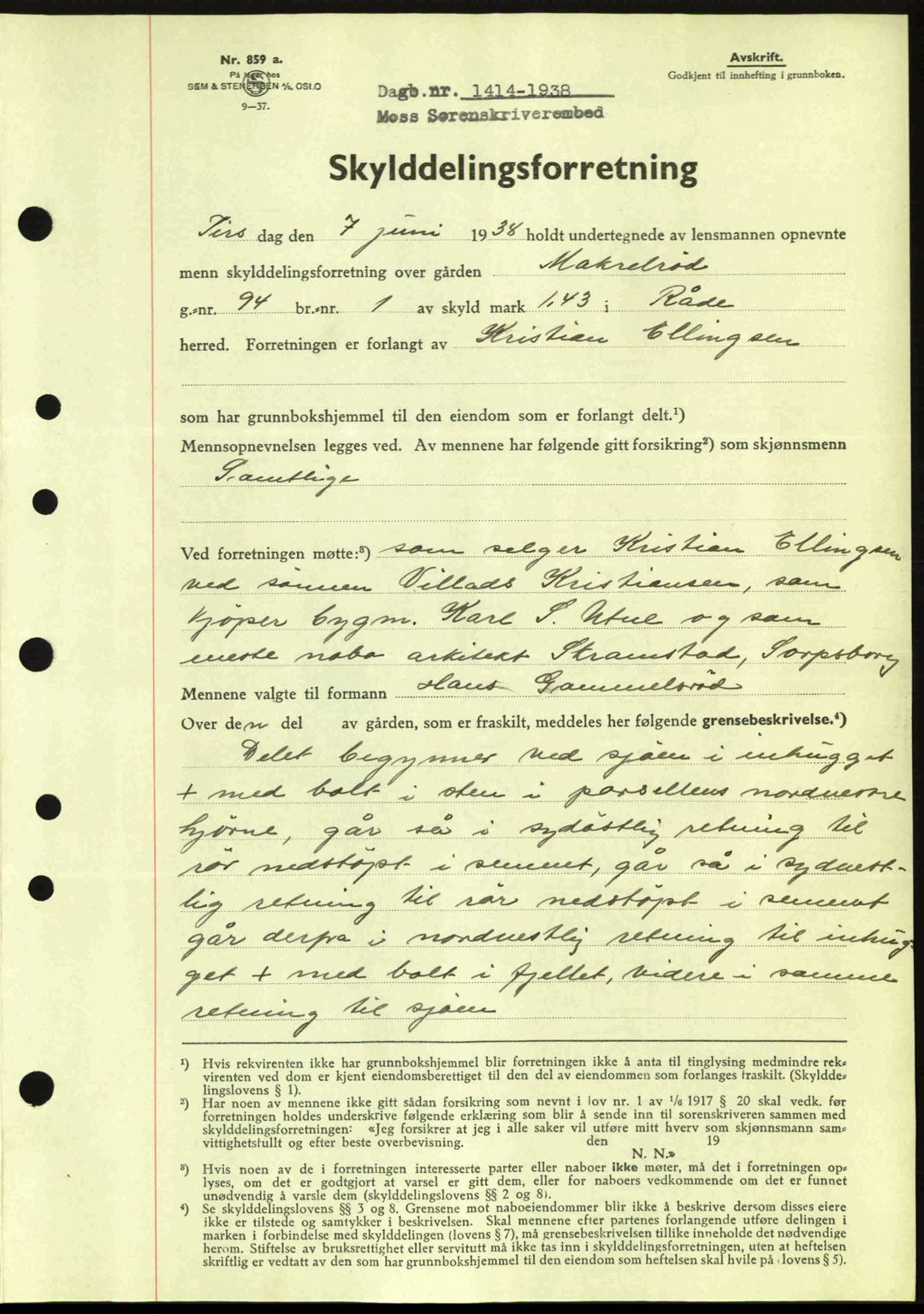 Moss sorenskriveri, SAO/A-10168: Pantebok nr. A4, 1938-1938, Dagboknr: 1414/1938