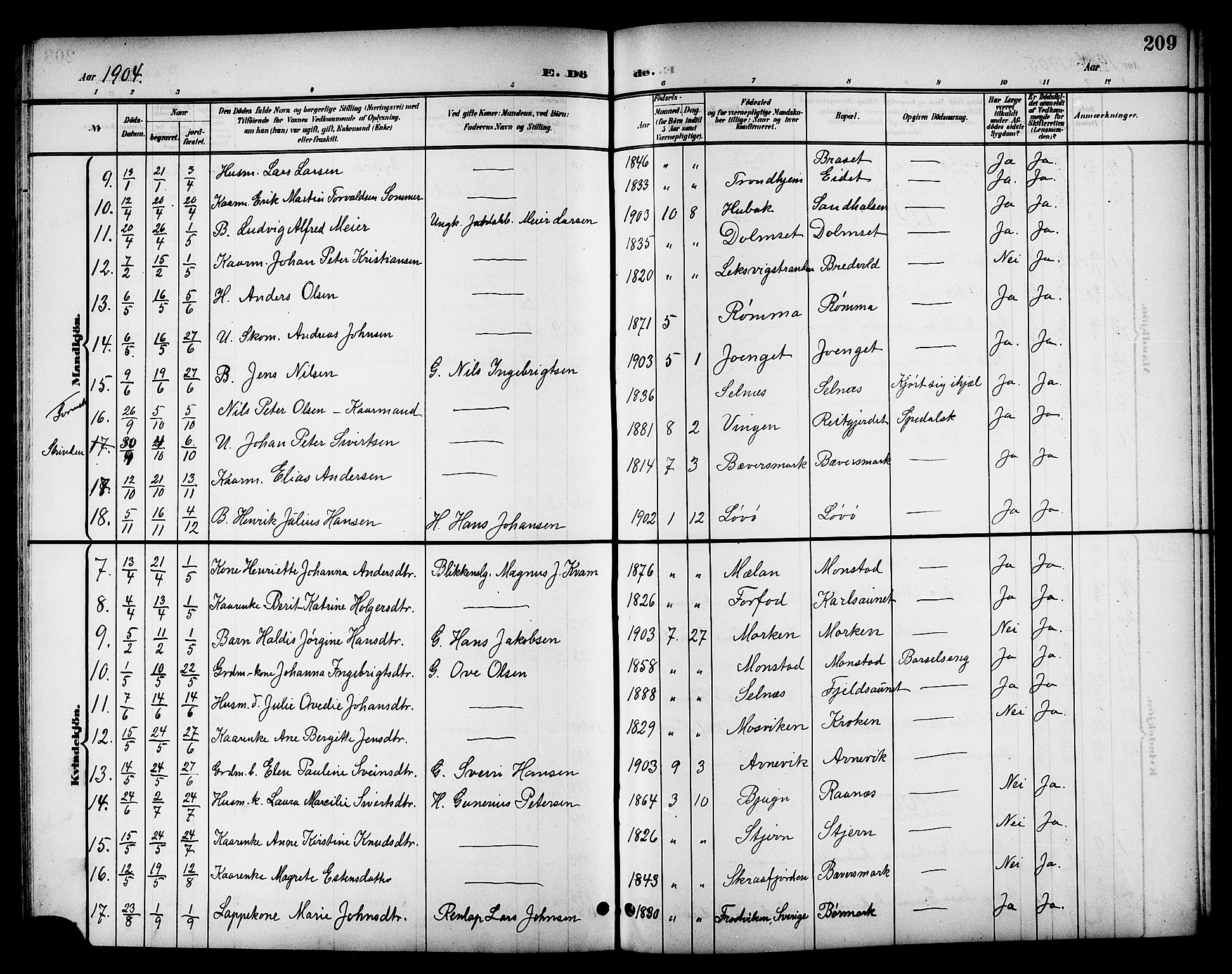 Ministerialprotokoller, klokkerbøker og fødselsregistre - Sør-Trøndelag, AV/SAT-A-1456/655/L0688: Klokkerbok nr. 655C04, 1899-1922, s. 209