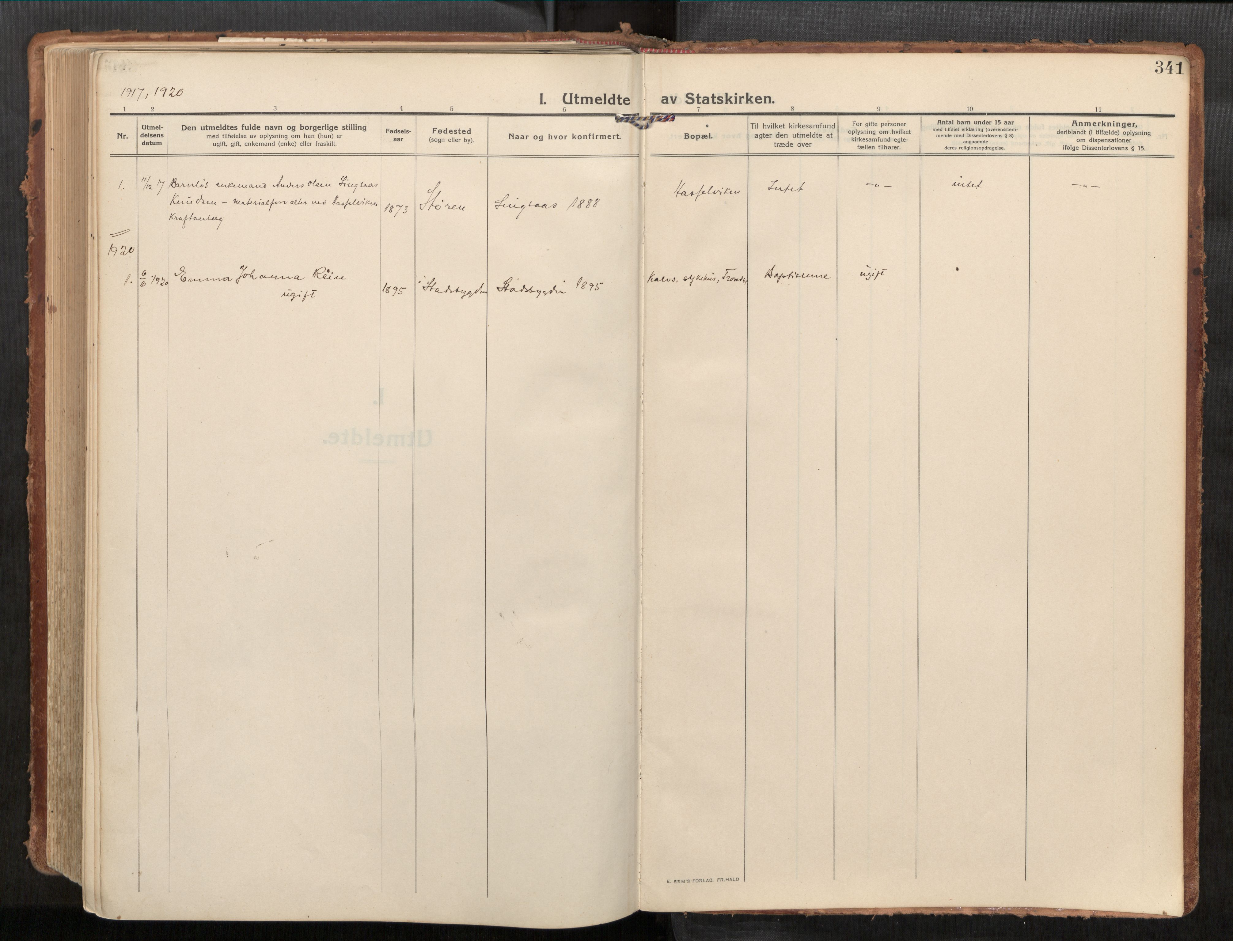 Stadsbygd sokneprestkontor, AV/SAT-A-1117/1/I/I1/I1a/L0001: Ministerialbok nr. 1, 1911-1929, s. 341