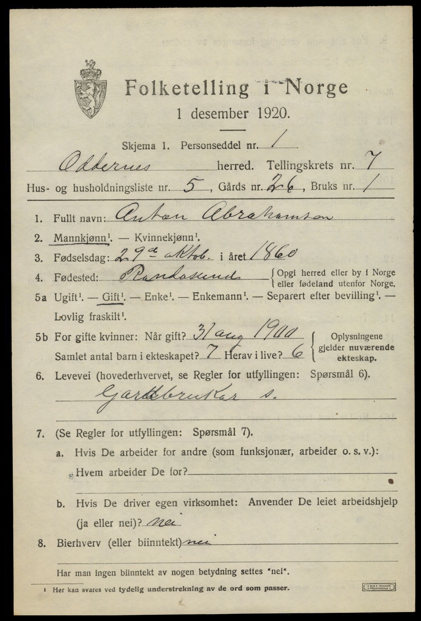 SAK, Folketelling 1920 for 1012 Oddernes herred, 1920, s. 5407