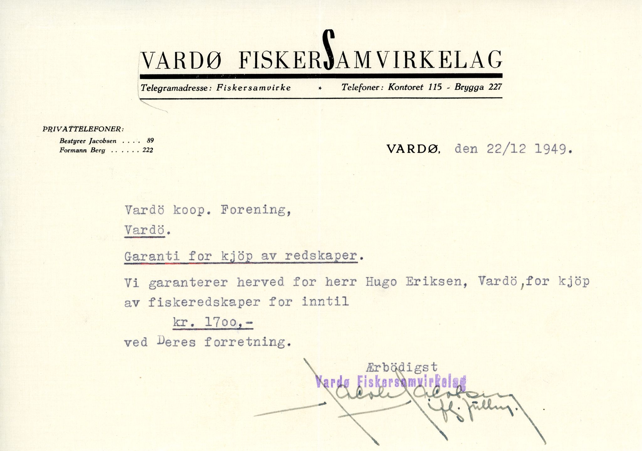 Vardø Fiskersamvirkelag, VAMU/A-0037/D/Da/L0008: Korrespondanse Tr-År, 1947-1950