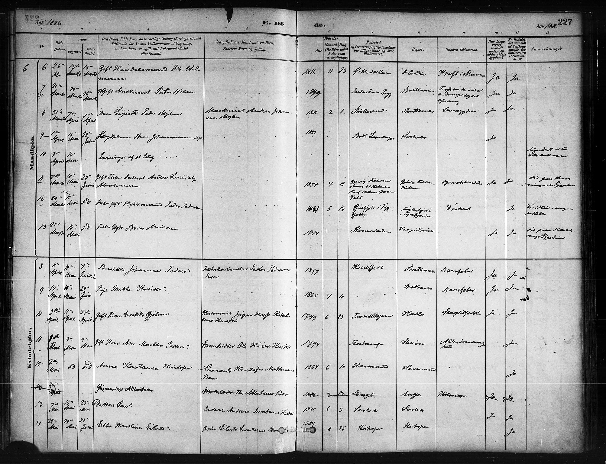 Ministerialprotokoller, klokkerbøker og fødselsregistre - Nordland, AV/SAT-A-1459/874/L1059: Ministerialbok nr. 874A03, 1884-1890, s. 227