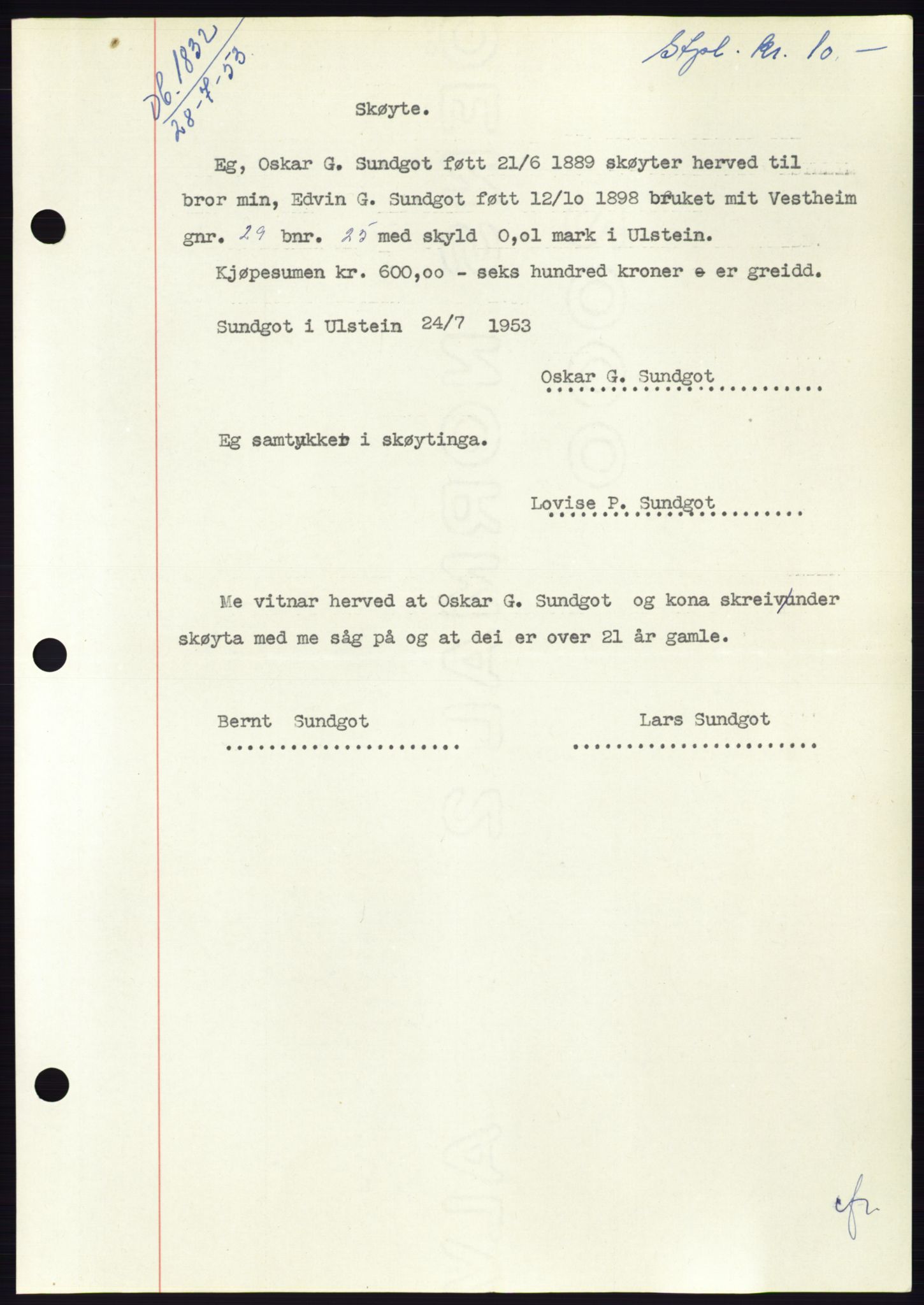 Søre Sunnmøre sorenskriveri, AV/SAT-A-4122/1/2/2C/L0095: Pantebok nr. 21A, 1953-1953, Dagboknr: 1832/1953