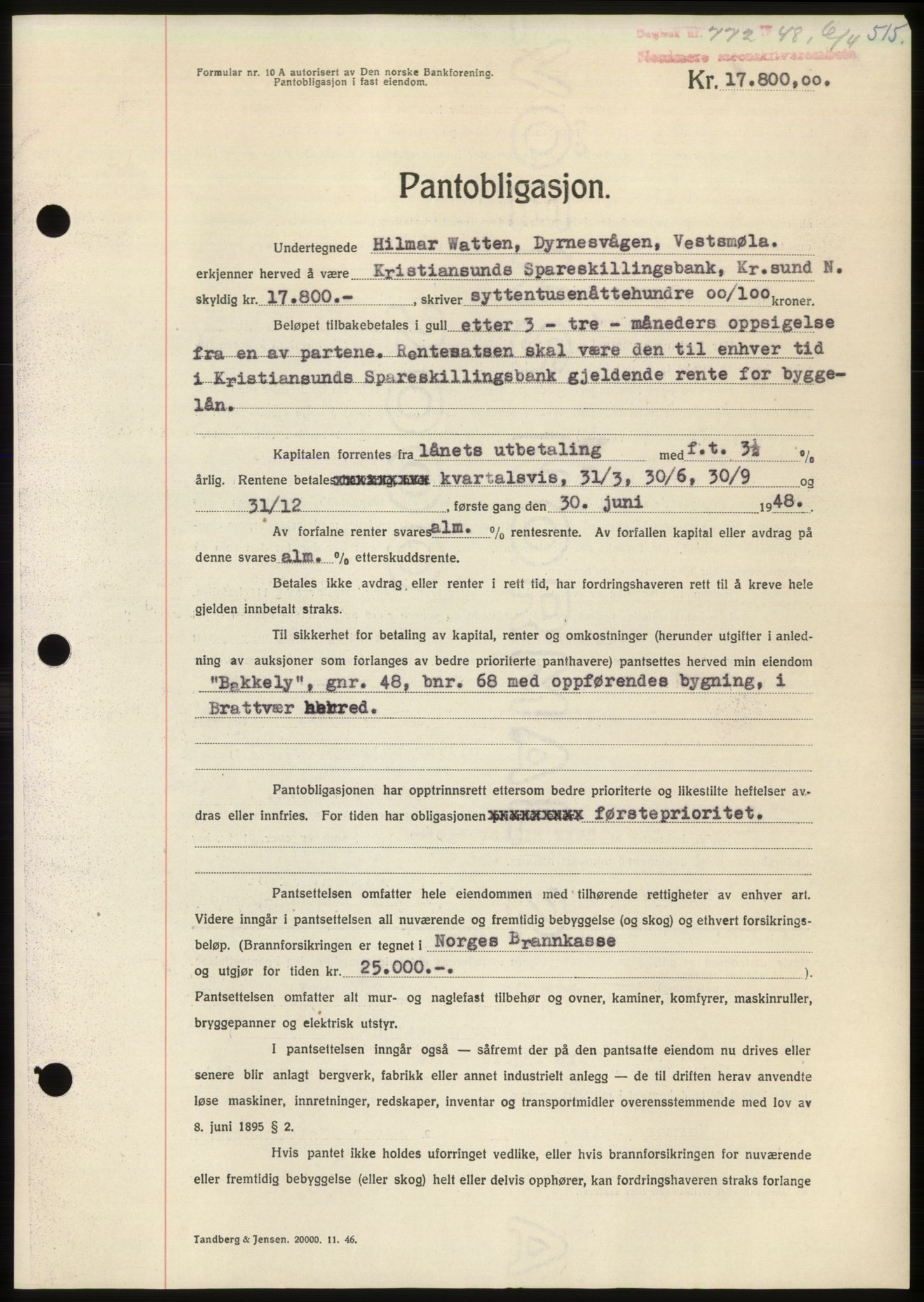 Nordmøre sorenskriveri, SAT/A-4132/1/2/2Ca: Pantebok nr. B98, 1948-1948, Dagboknr: 772/1948