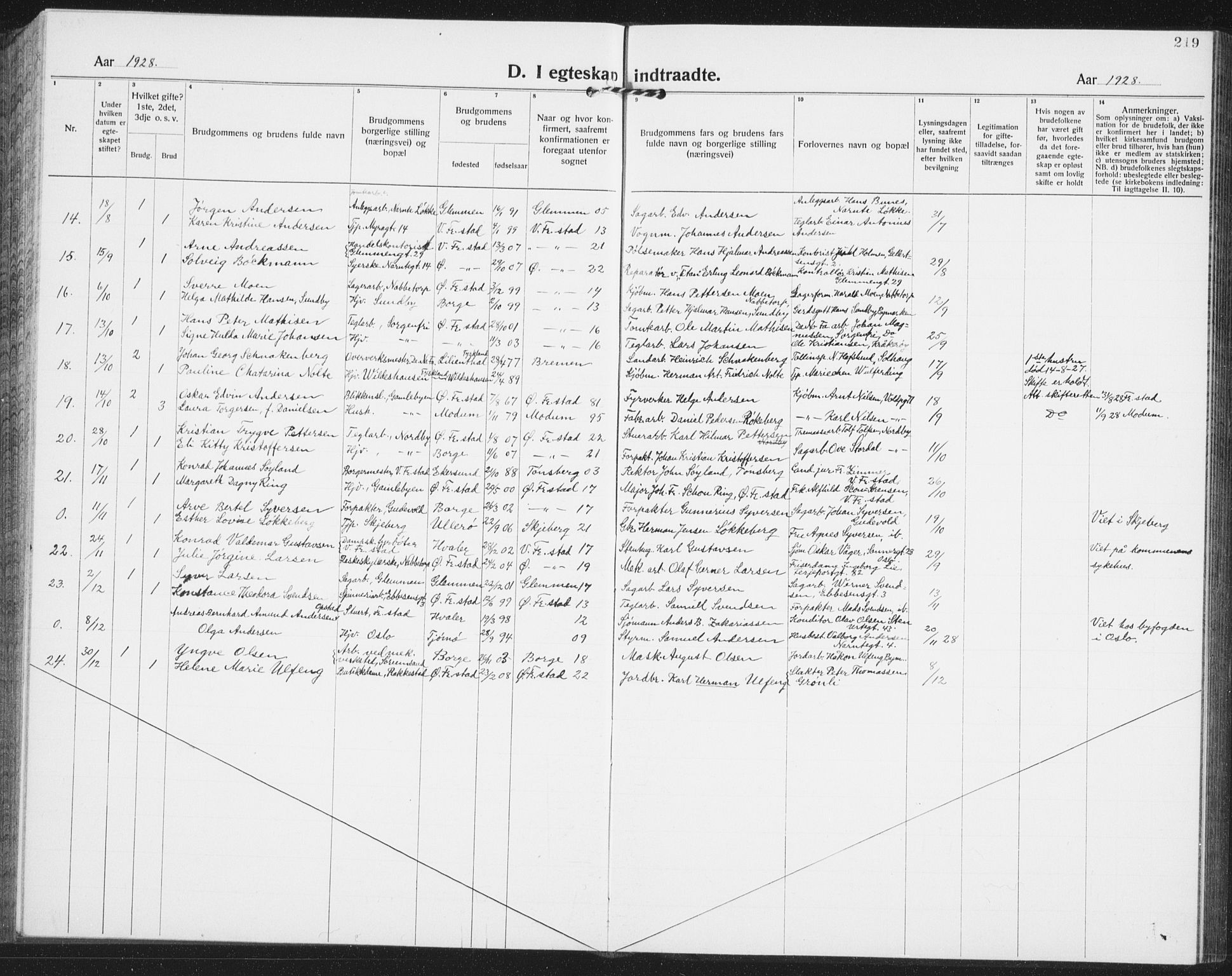 Østre Fredrikstad prestekontor Kirkebøker, SAO/A-10907/G/Ga/L0003: Klokkerbok nr. 3, 1920-1940, s. 219