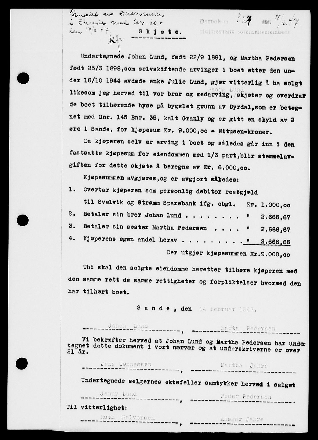 Holmestrand sorenskriveri, SAKO/A-67/G/Ga/Gaa/L0061: Pantebok nr. A-61, 1946-1947, Dagboknr: 327/1947