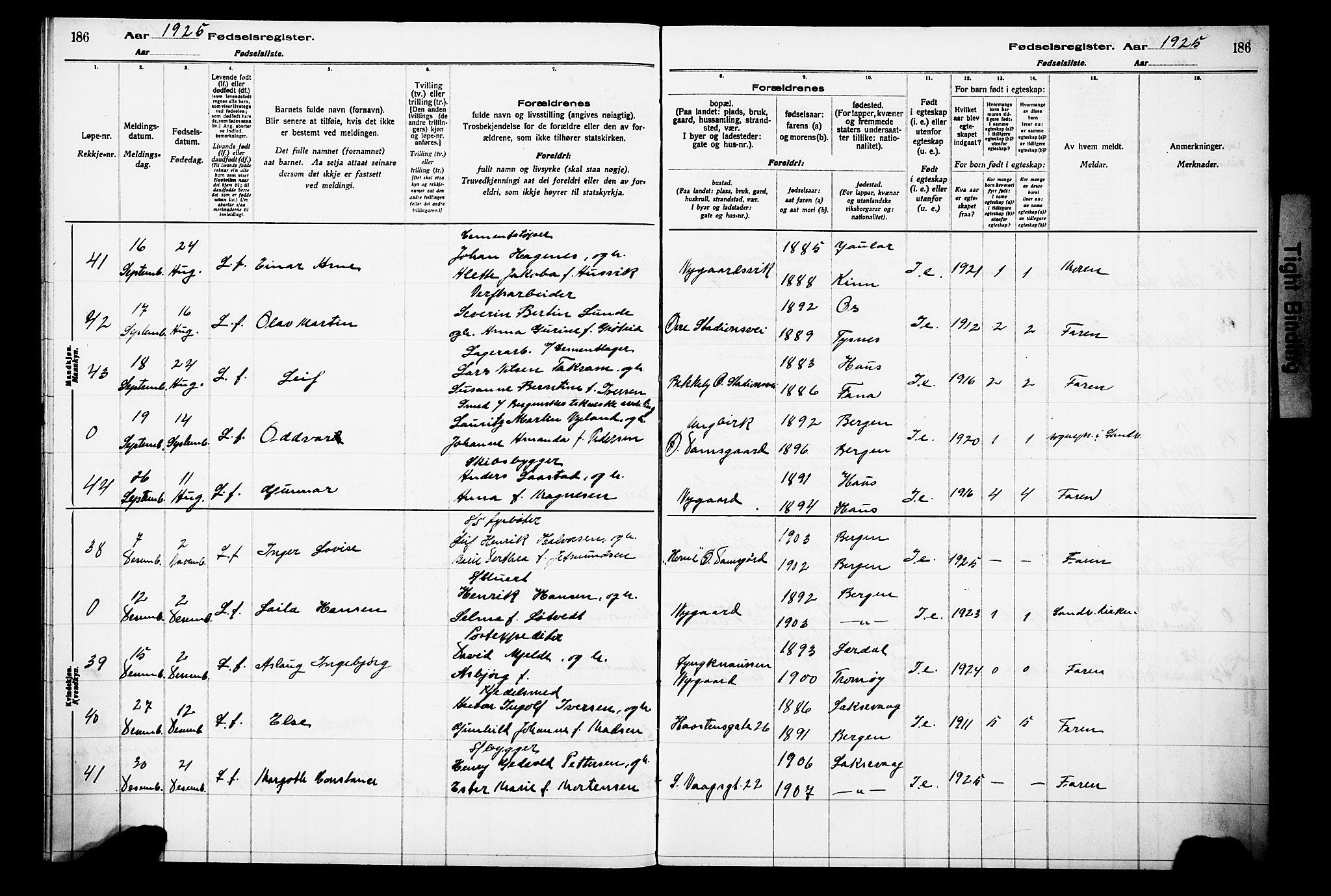 Laksevåg Sokneprestembete, AV/SAB-A-76501/I/Id/L00A1: Fødselsregister nr. A 1, 1916-1926, s. 186