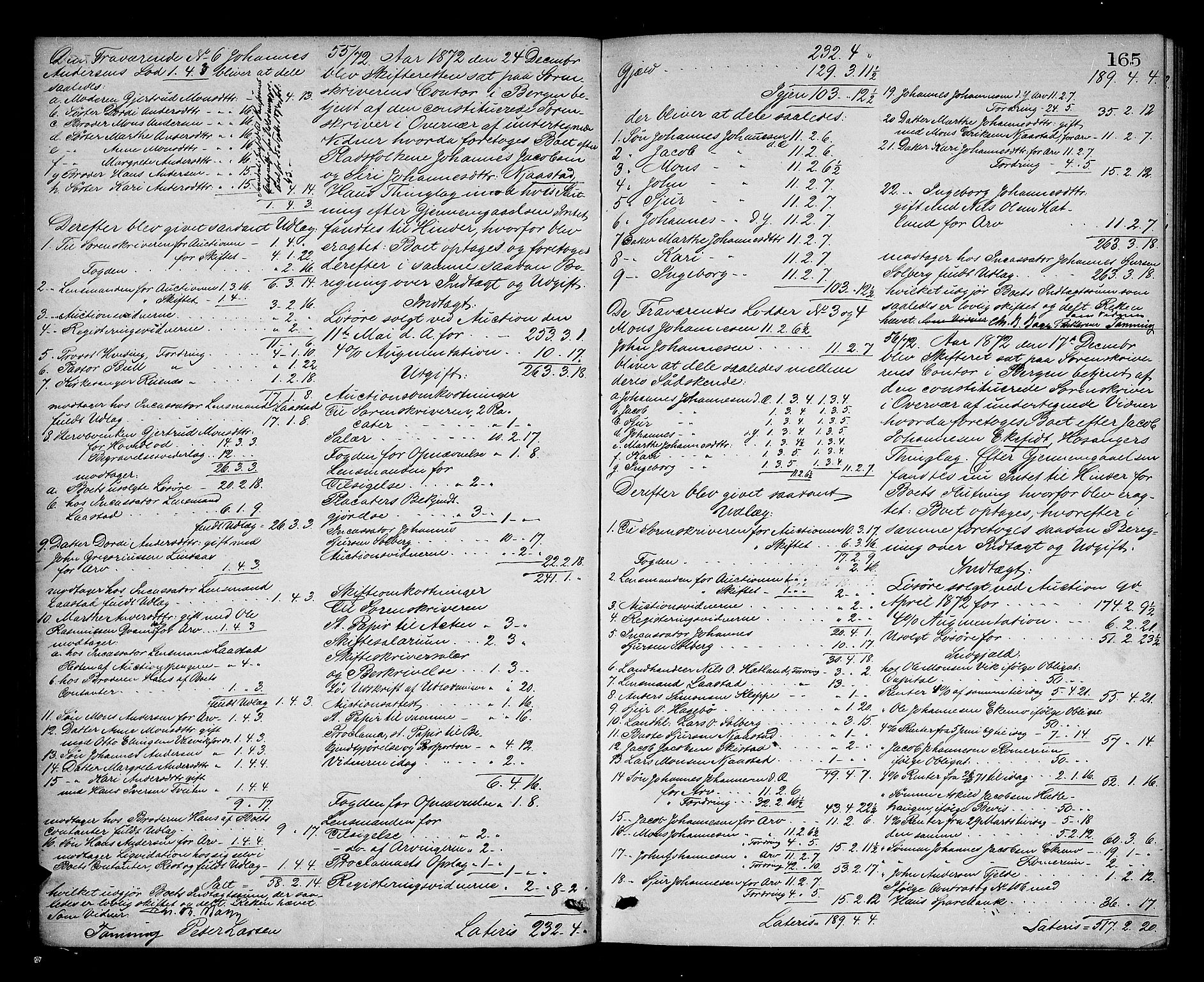Nordhordland sorenskrivar, AV/SAB-A-2901/1/H/Hd/Hda/L0007: Skifteutlodningsprotokollar, 1869-1874, s. 164b-165a