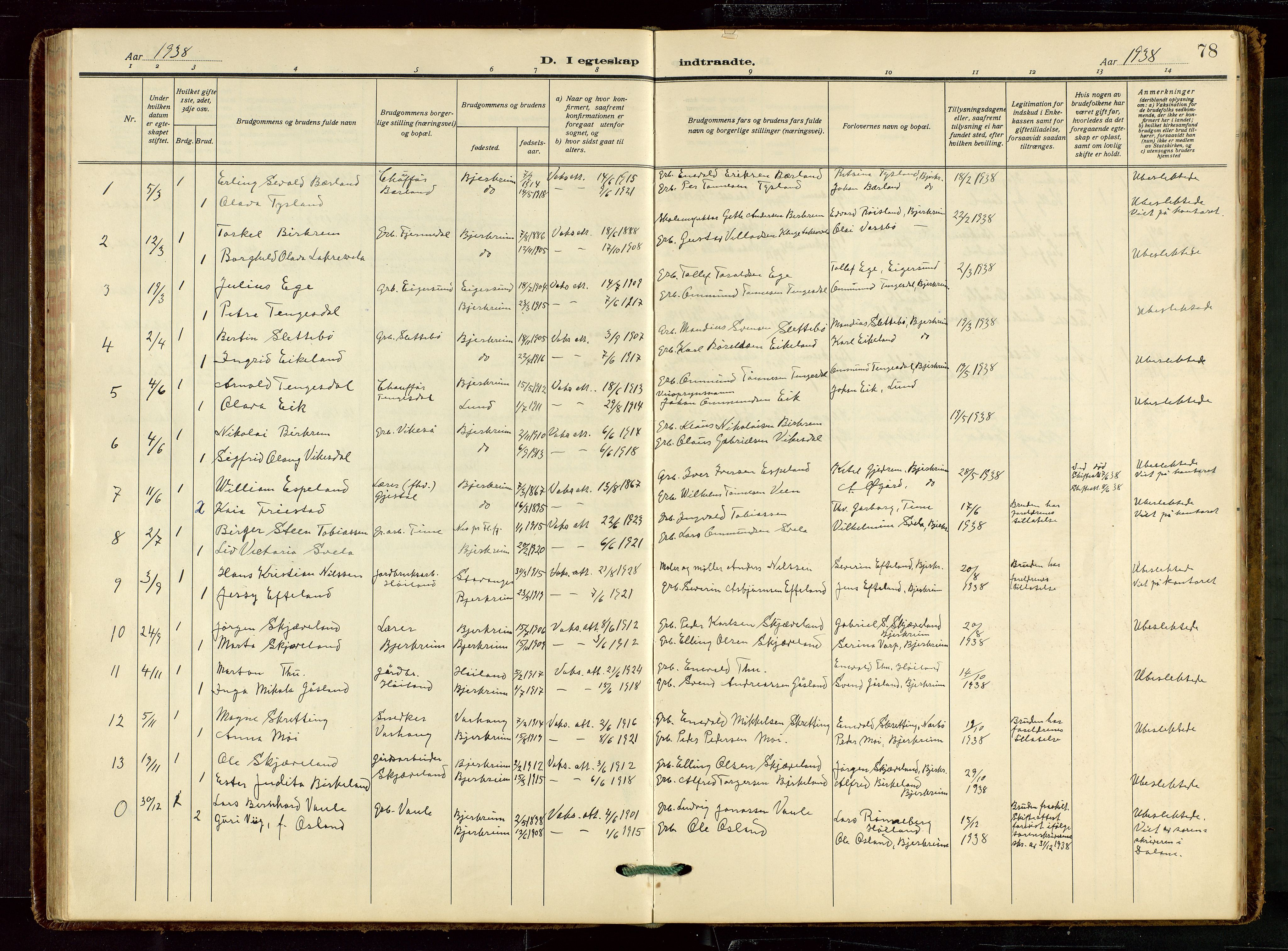 Helleland sokneprestkontor, AV/SAST-A-101810: Klokkerbok nr. B 7, 1923-1945, s. 78