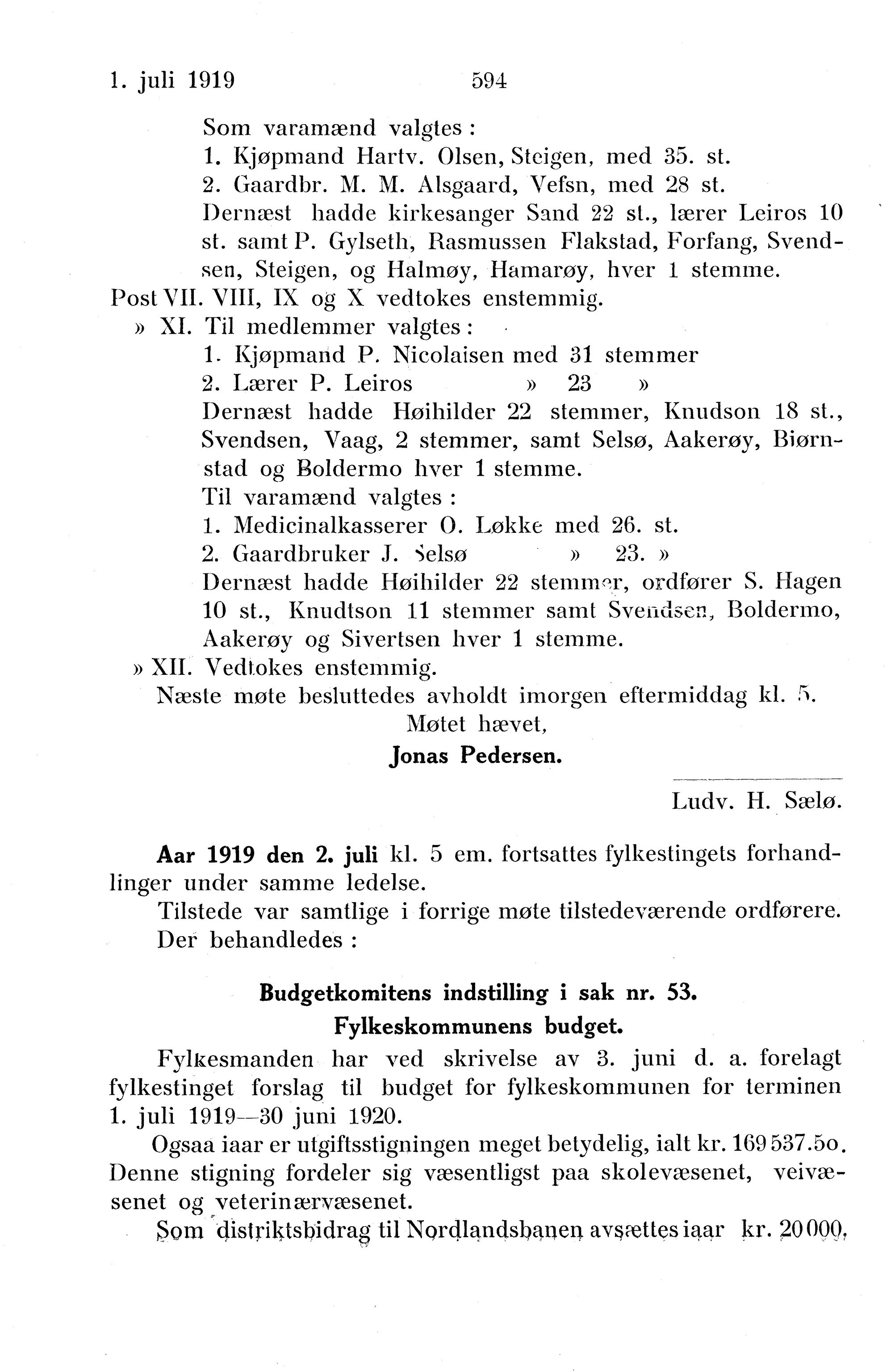 Nordland Fylkeskommune. Fylkestinget, AIN/NFK-17/176/A/Ac/L0042: Fylkestingsforhandlinger 1919, 1919, s. 594