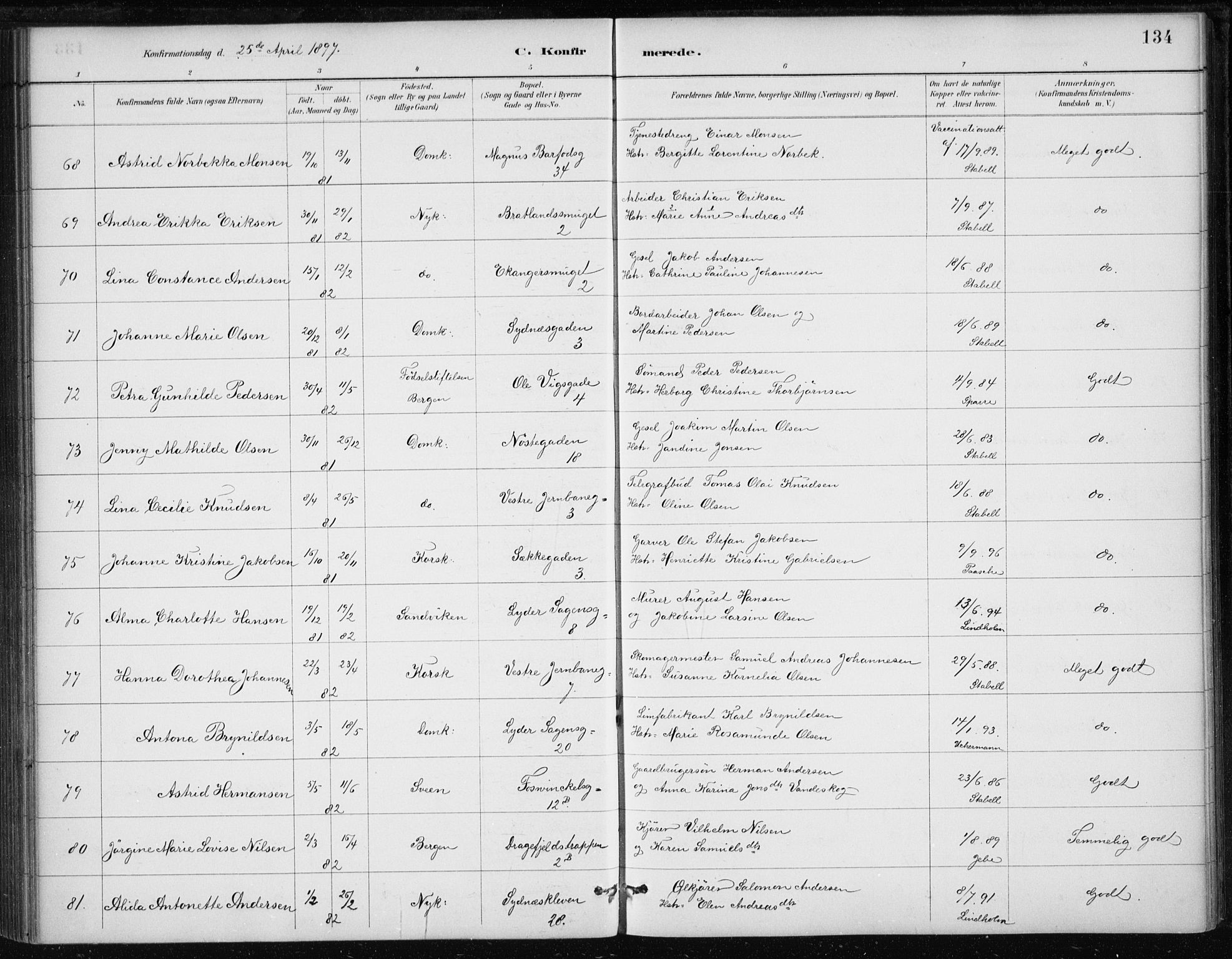 Johanneskirken sokneprestembete, AV/SAB-A-76001/H/Haa/L0008: Ministerialbok nr. C 1, 1885-1907, s. 134