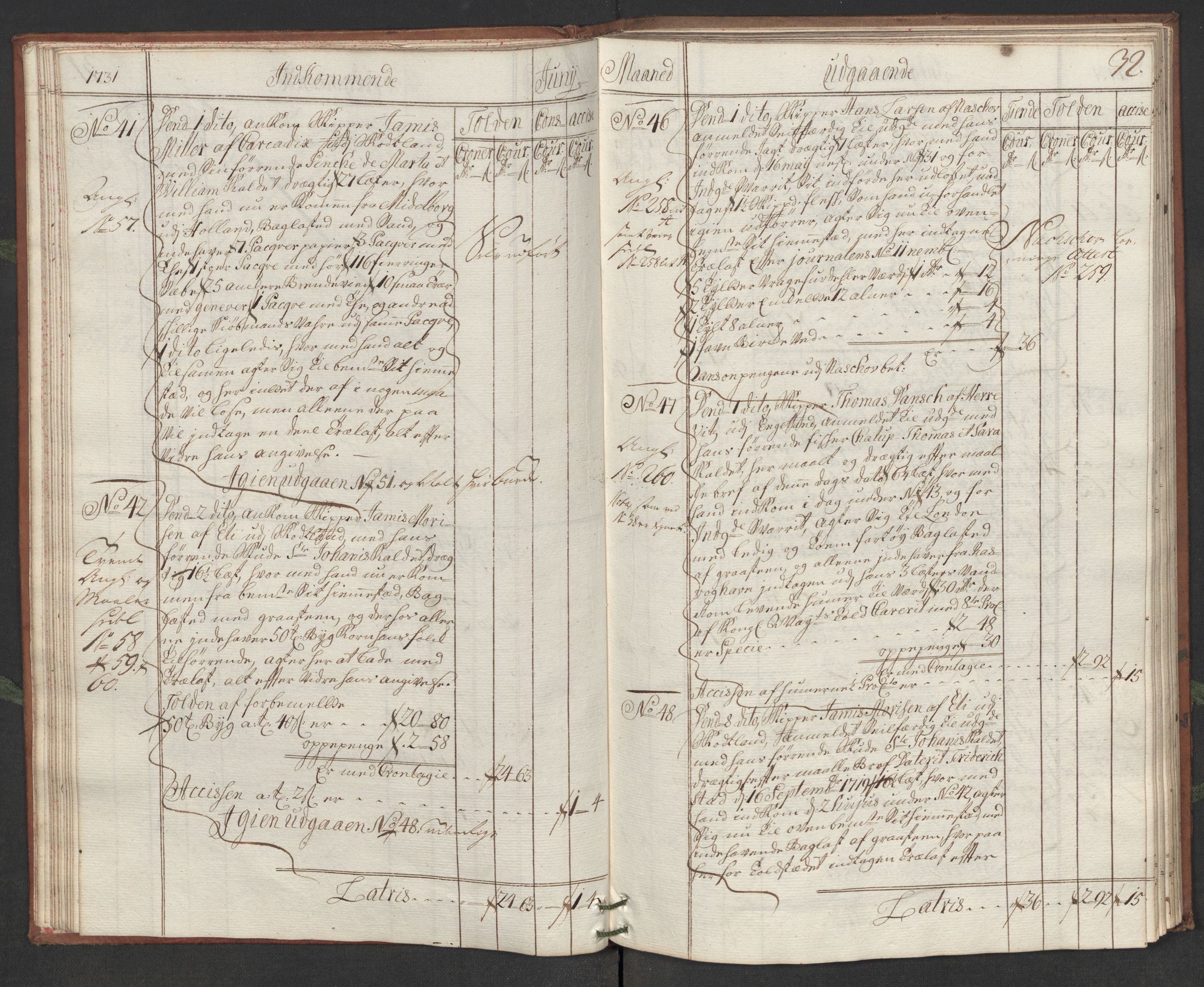 Generaltollkammeret, tollregnskaper, AV/RA-EA-5490/R19/L0006/0001: Tollregnskaper Flekkefjord / Hovedtollbok, 1731, s. 31b-32a