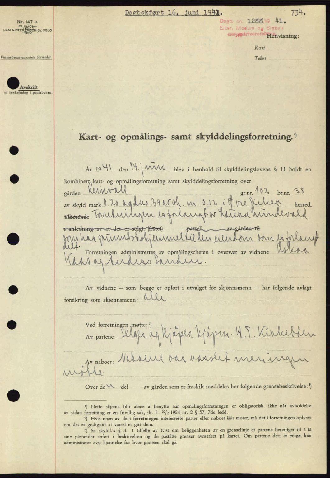 Eiker, Modum og Sigdal sorenskriveri, SAKO/A-123/G/Ga/Gab/L0043: Pantebok nr. A13, 1940-1941, Dagboknr: 1288/1941