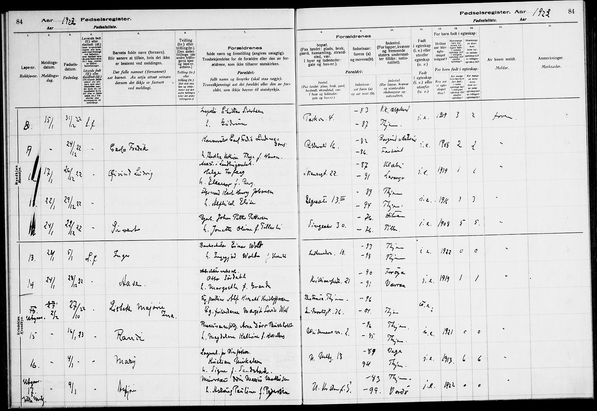 Ministerialprotokoller, klokkerbøker og fødselsregistre - Sør-Trøndelag, AV/SAT-A-1456/604/L0233: Fødselsregister nr. 604.II.4.2, 1920-1928, s. 84