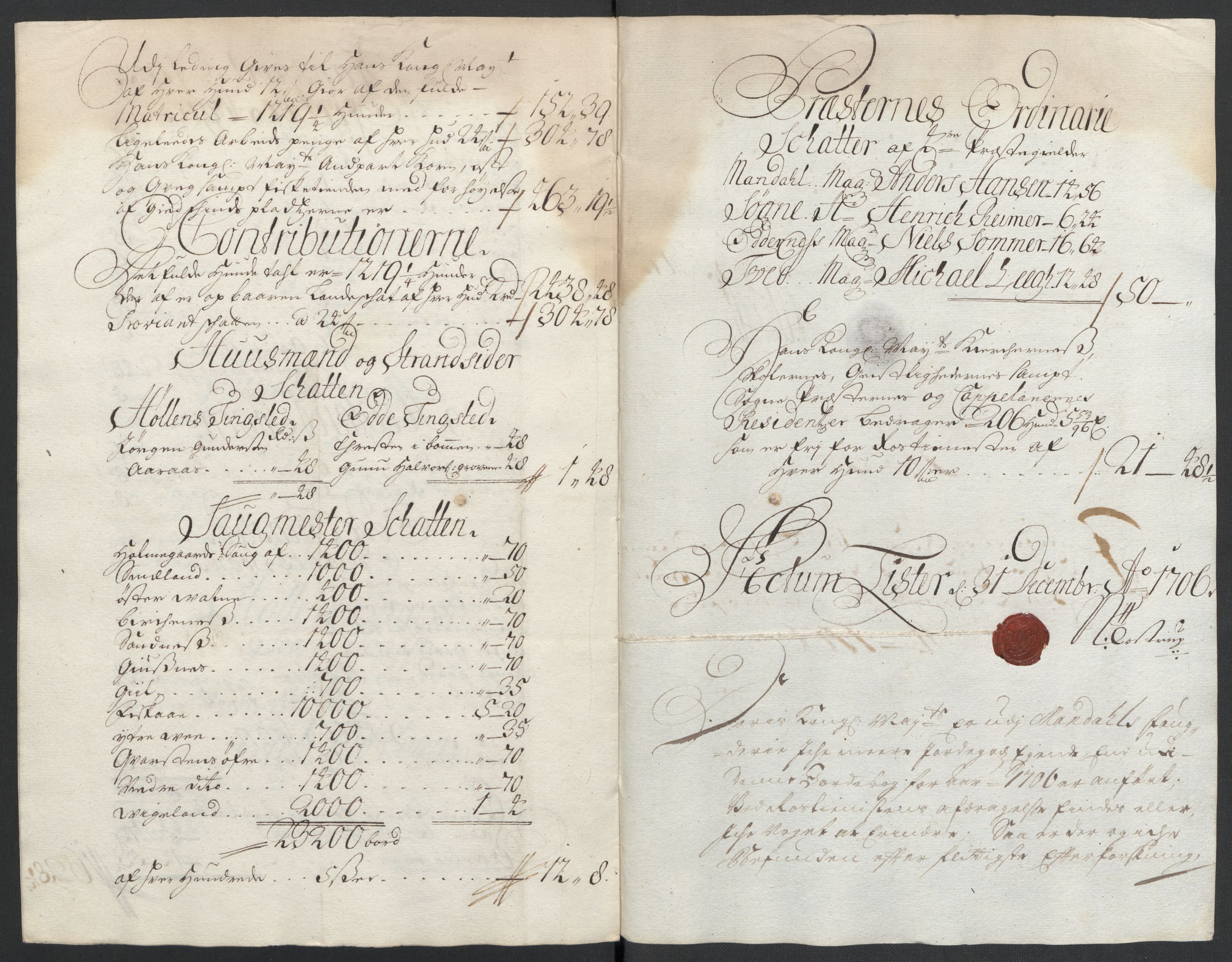 Rentekammeret inntil 1814, Reviderte regnskaper, Fogderegnskap, AV/RA-EA-4092/R43/L2551: Fogderegnskap Lista og Mandal, 1705-1709, s. 296