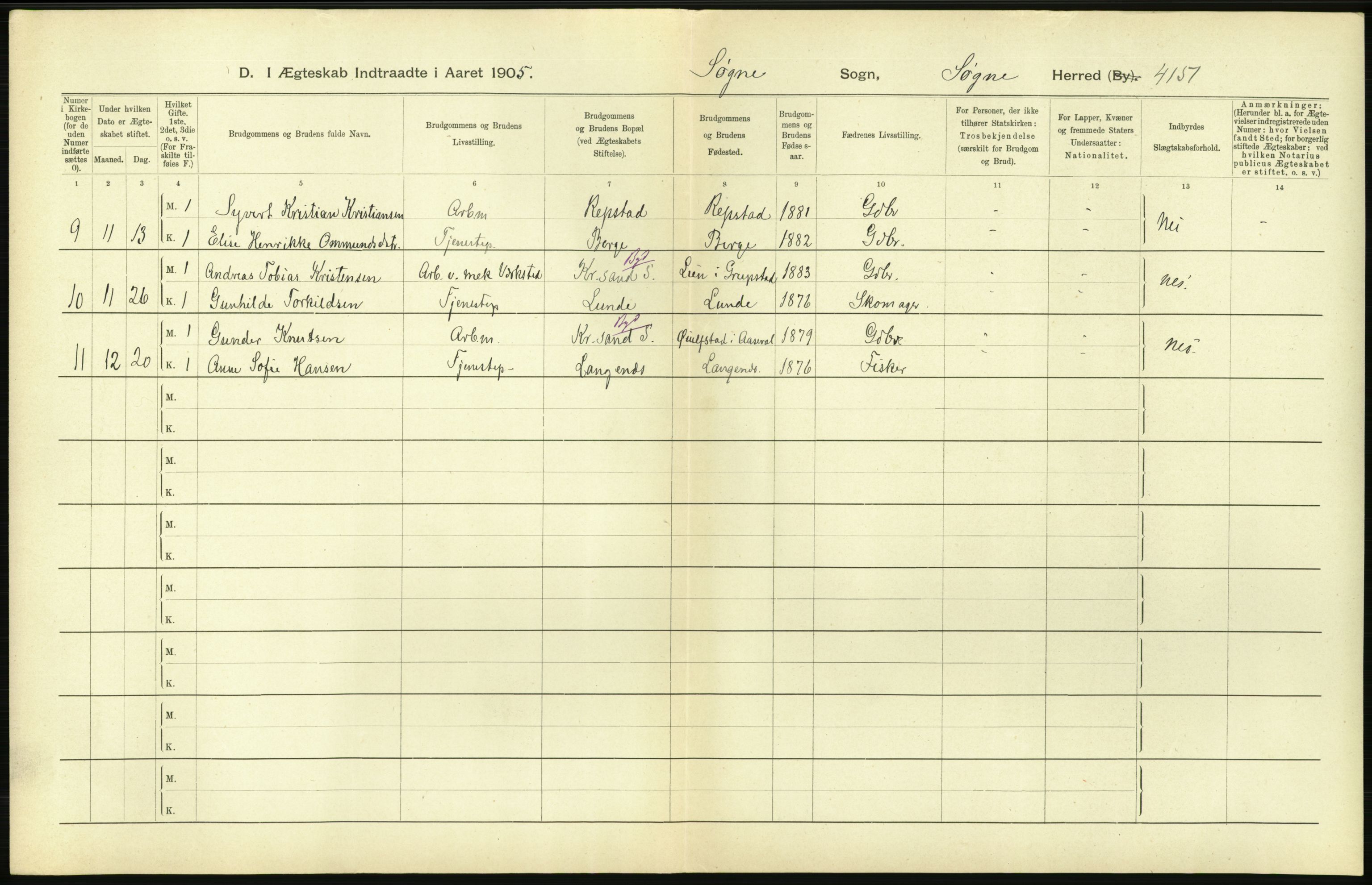 Statistisk sentralbyrå, Sosiodemografiske emner, Befolkning, AV/RA-S-2228/D/Df/Dfa/Dfac/L0020: Lister og Mandals amt: Fødte. Bygder, 1905, s. 28