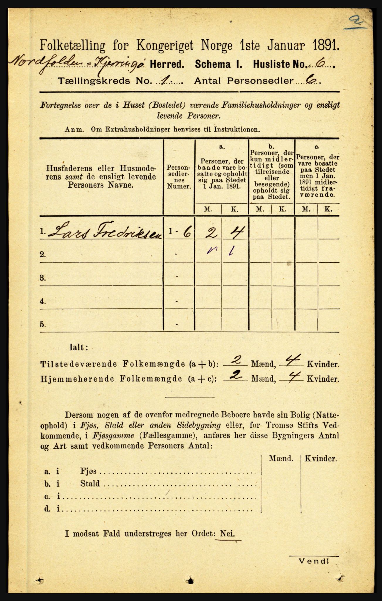 RA, Folketelling 1891 for 1846 Nordfold-Kjerringøy herred, 1891, s. 33