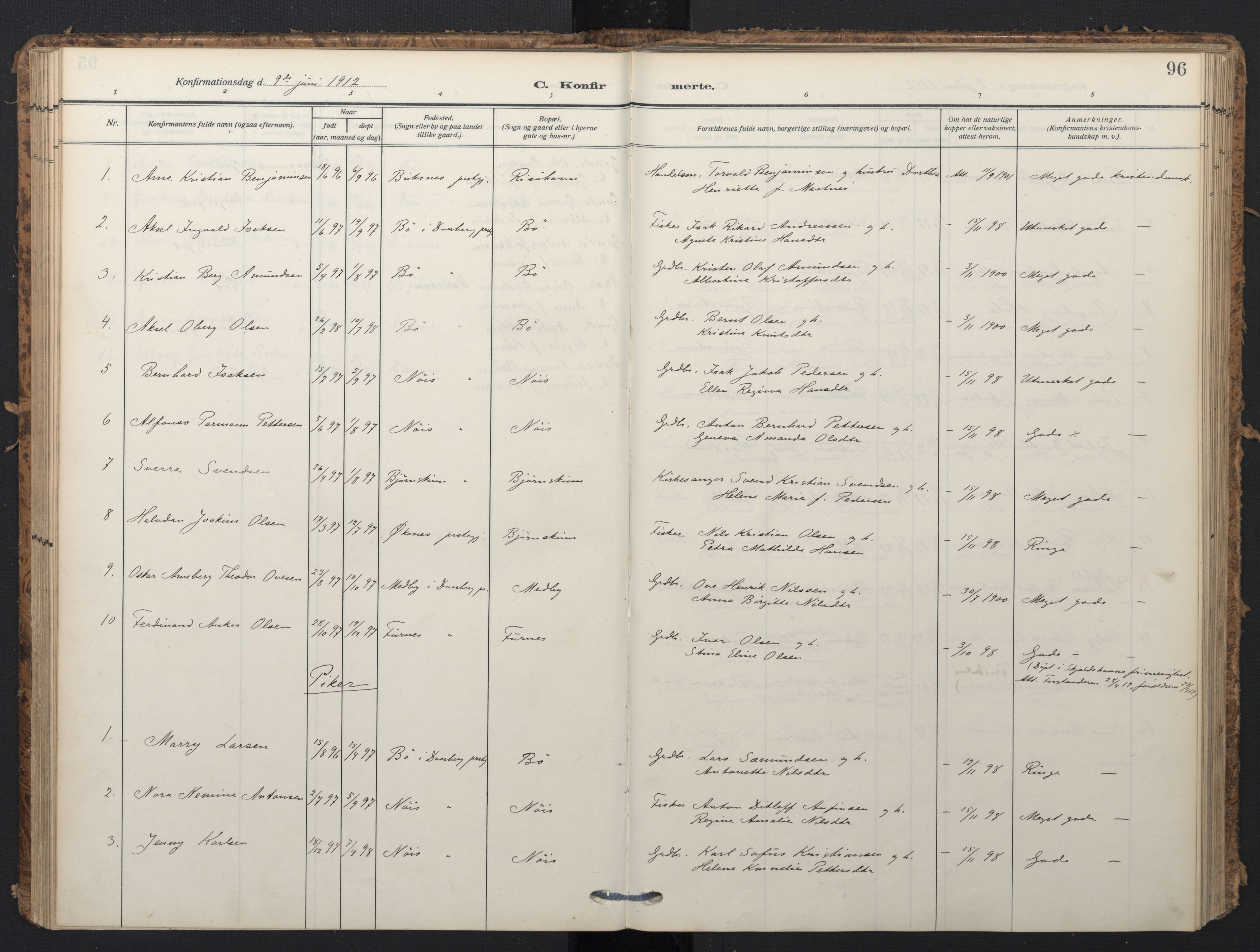 Ministerialprotokoller, klokkerbøker og fødselsregistre - Nordland, AV/SAT-A-1459/898/L1423: Ministerialbok nr. 898A03, 1909-1928, s. 96