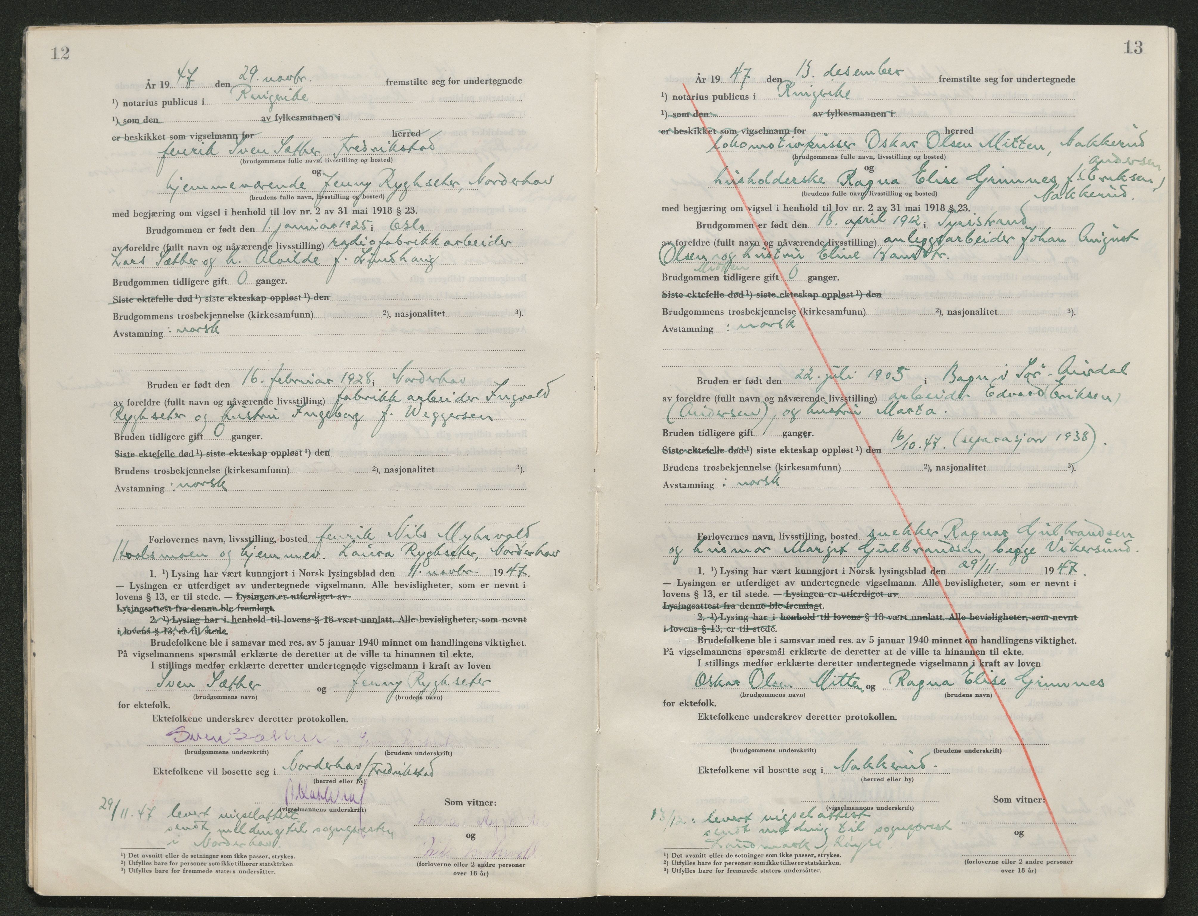 Ringerike sorenskriveri, AV/SAKO-A-105/L/Lc/L0005: Vigselsbok, 1947-1956, s. 12-13