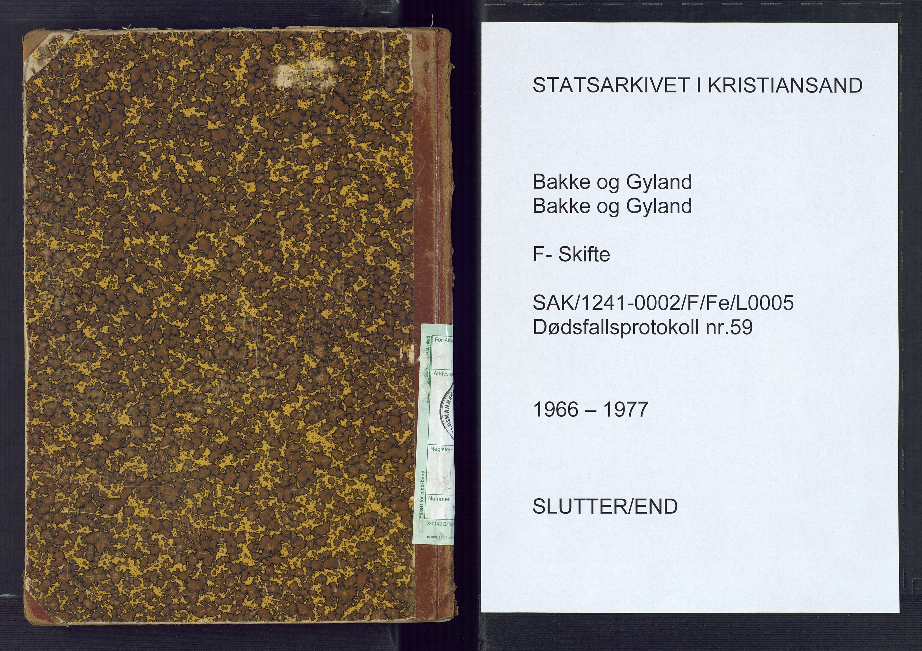 Bakke og Gyland lensmannskontor, SAK/1241-0002/F/Fe/L0005: Anmeldte dødsfall nr 59, 1966-1977