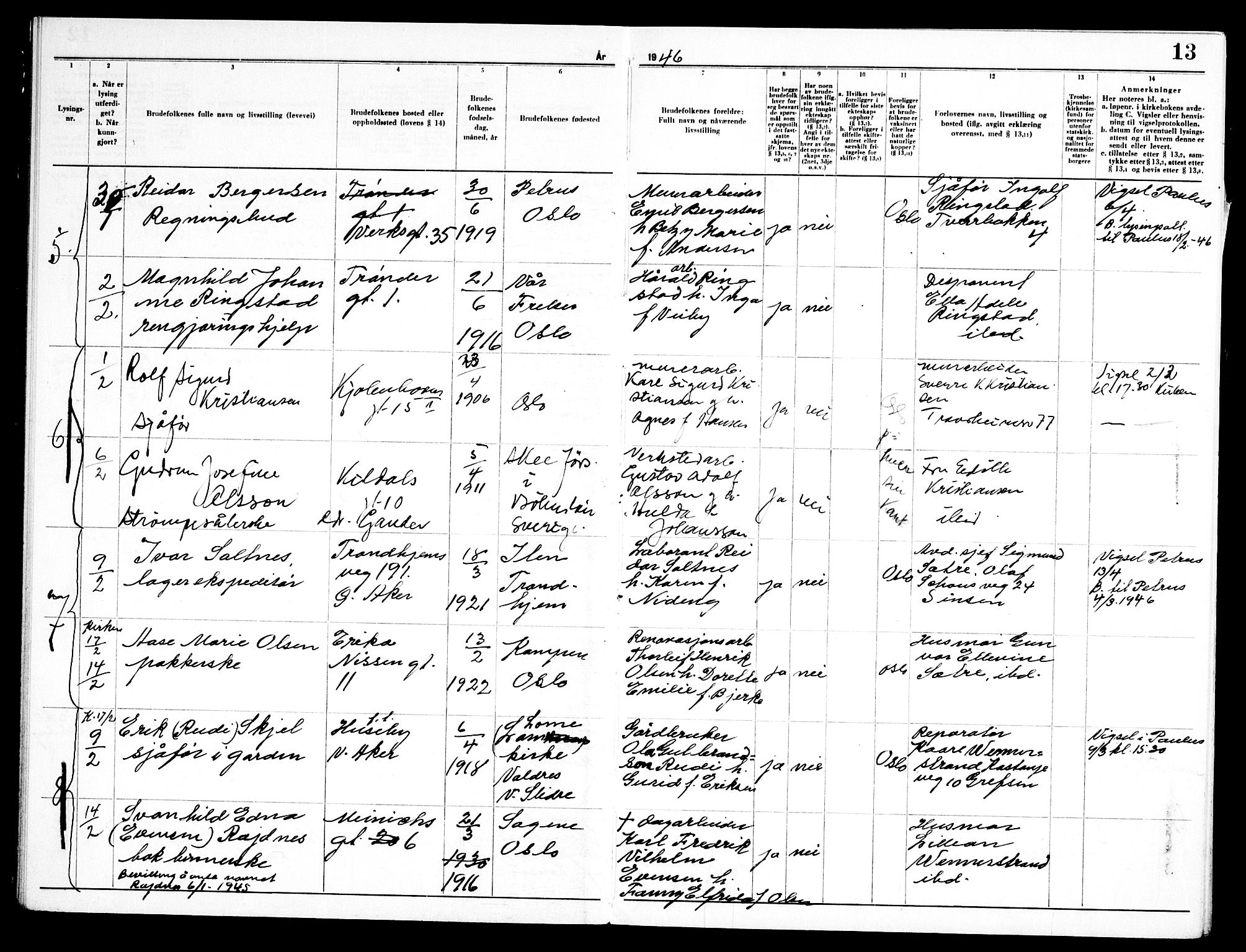 Torshov prestekontor Kirkebøker, AV/SAO-A-10238a/H/Ha/L0003: Lysningsprotokoll nr. 3, 1945-1948, s. 13