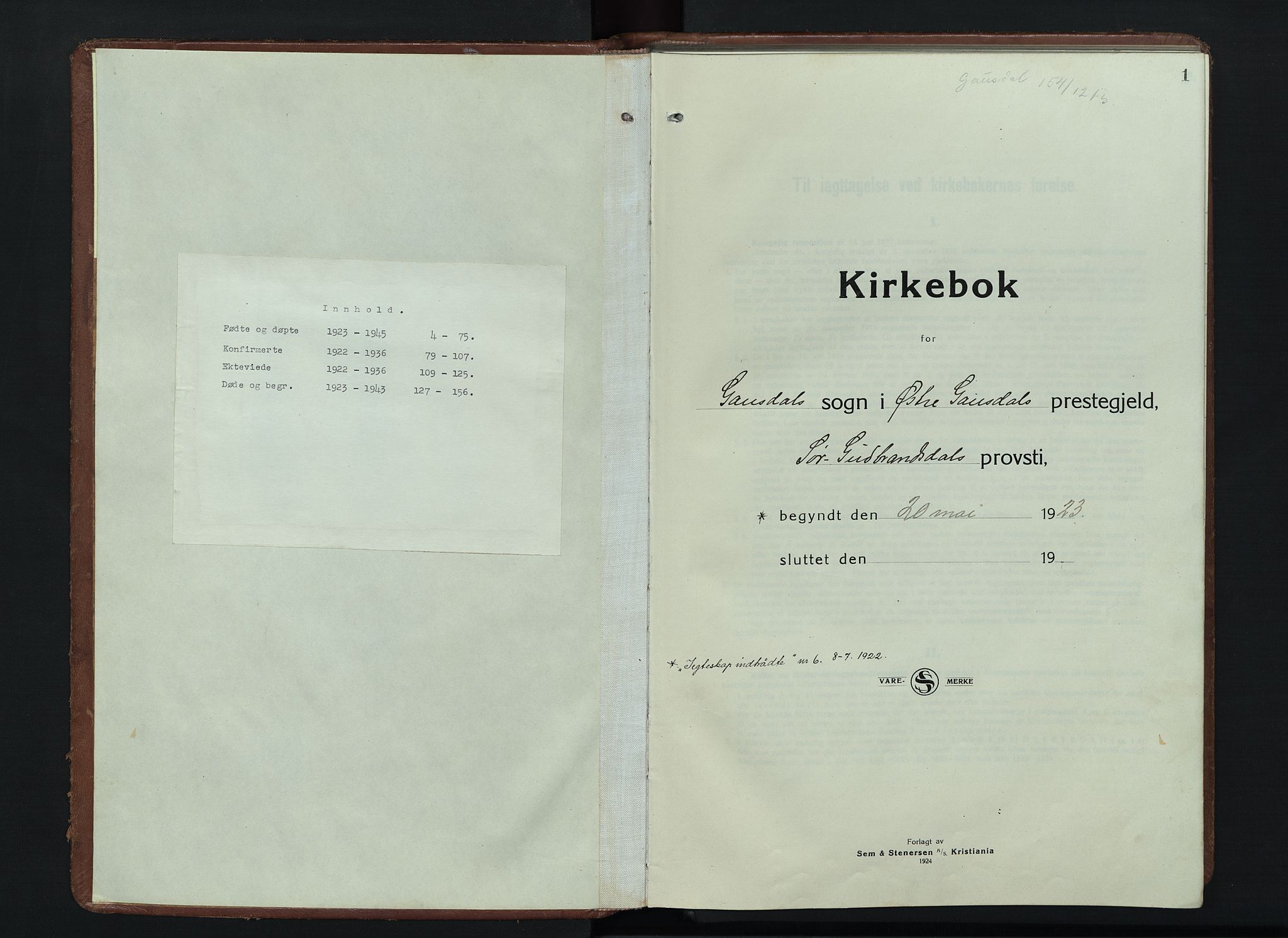 Østre Gausdal prestekontor, SAH/PREST-092/H/Ha/Hab/L0006: Klokkerbok nr. 6, 1922-1945, s. 1