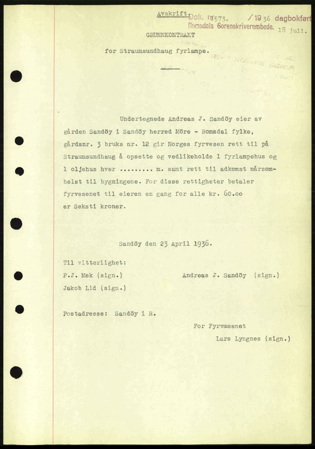 Romsdal sorenskriveri, SAT/A-4149/1/2/2C: Pantebok nr. A1, 1936-1936, Dagboknr: 1573/1936