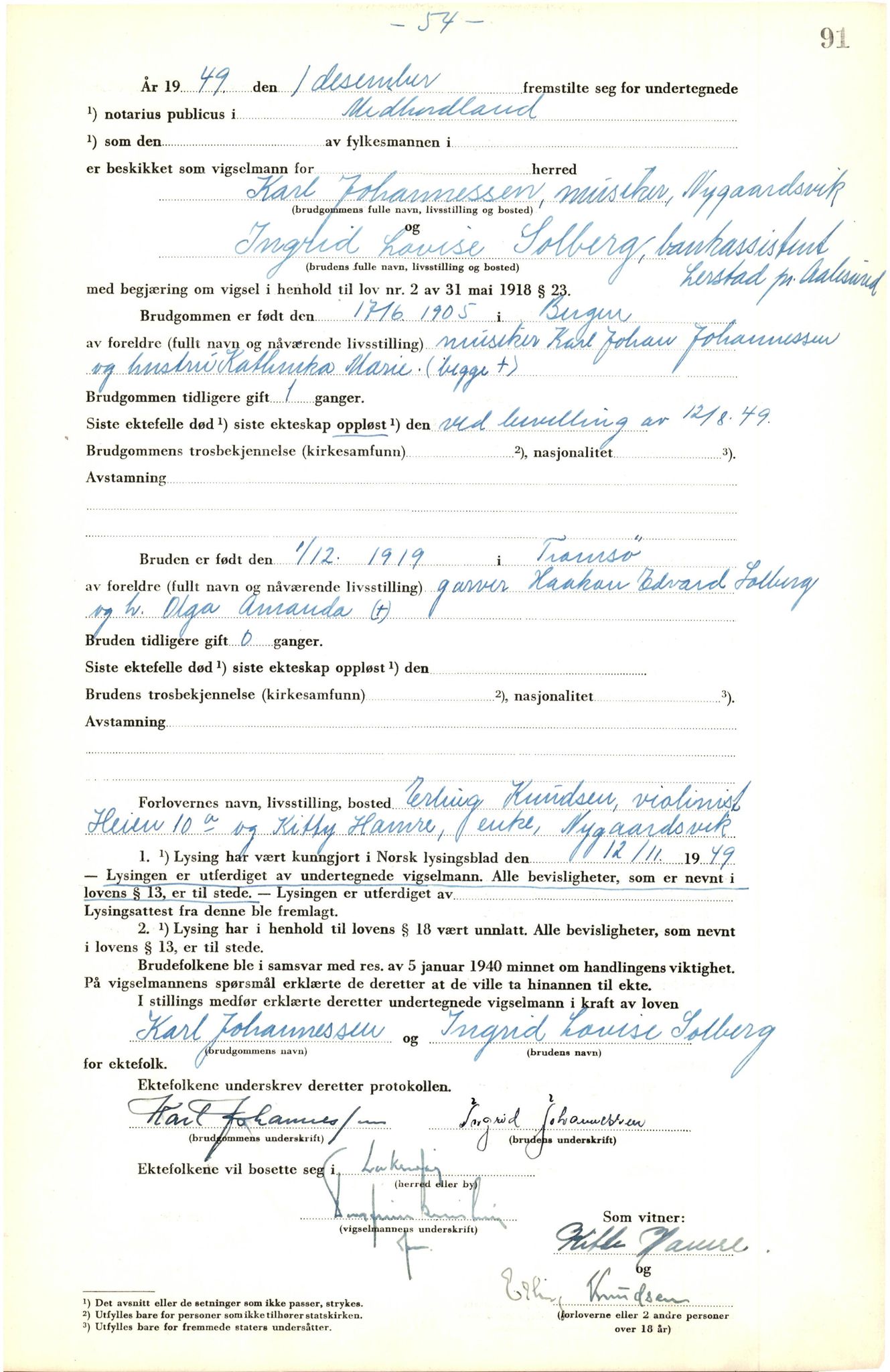 Midhordland sorenskriveri, SAB/A-3001/1/M/Mc/Mca/L0008: Vigselbok, 1948-1952, s. 91