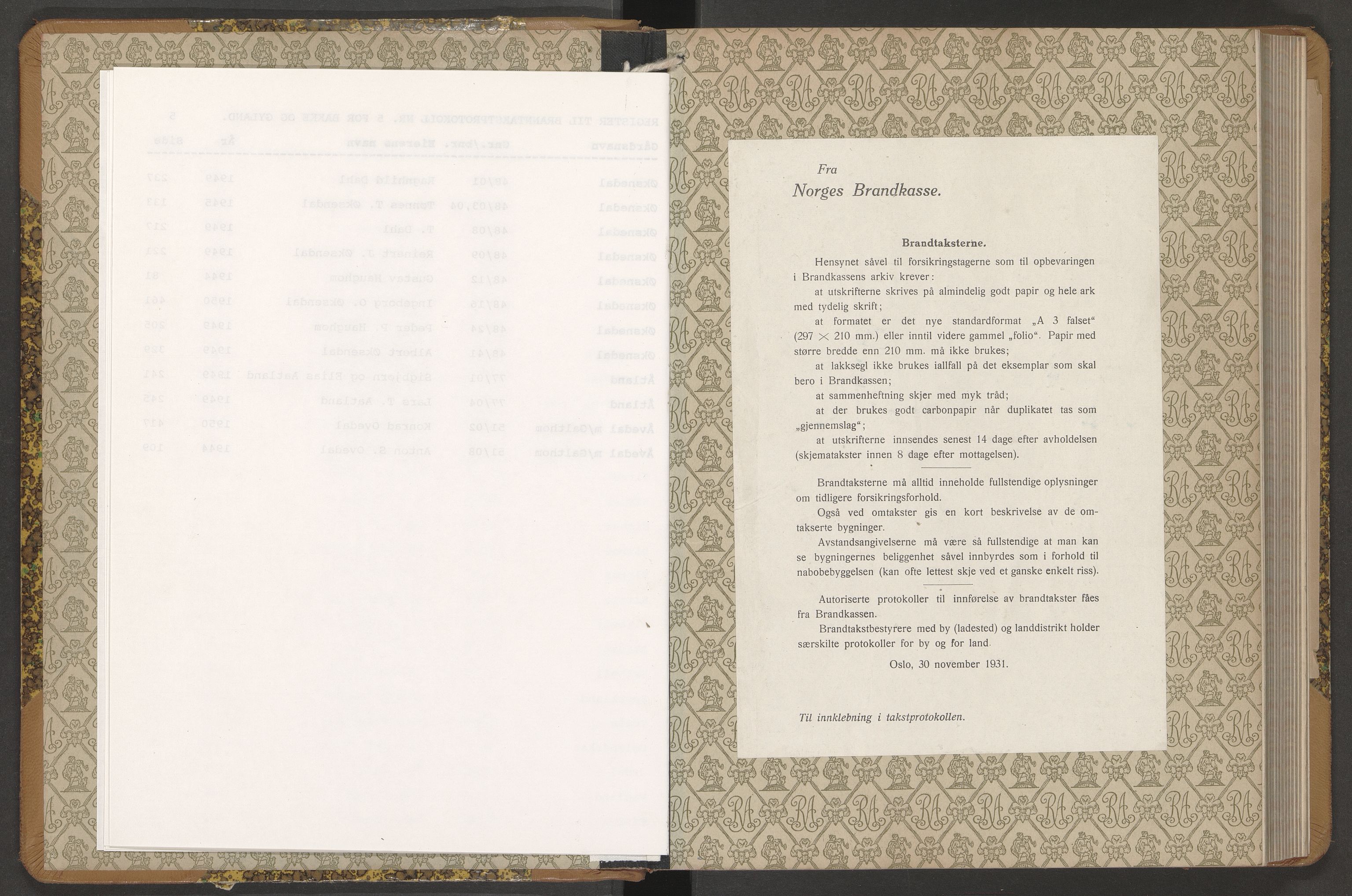 Norges Brannkasse Bakke og Gyland, AV/SAK-2241-0003/F/Fa/L0006: Branntakstprotokoll nr. 5 med gårdsnavnregister, 1939-1950