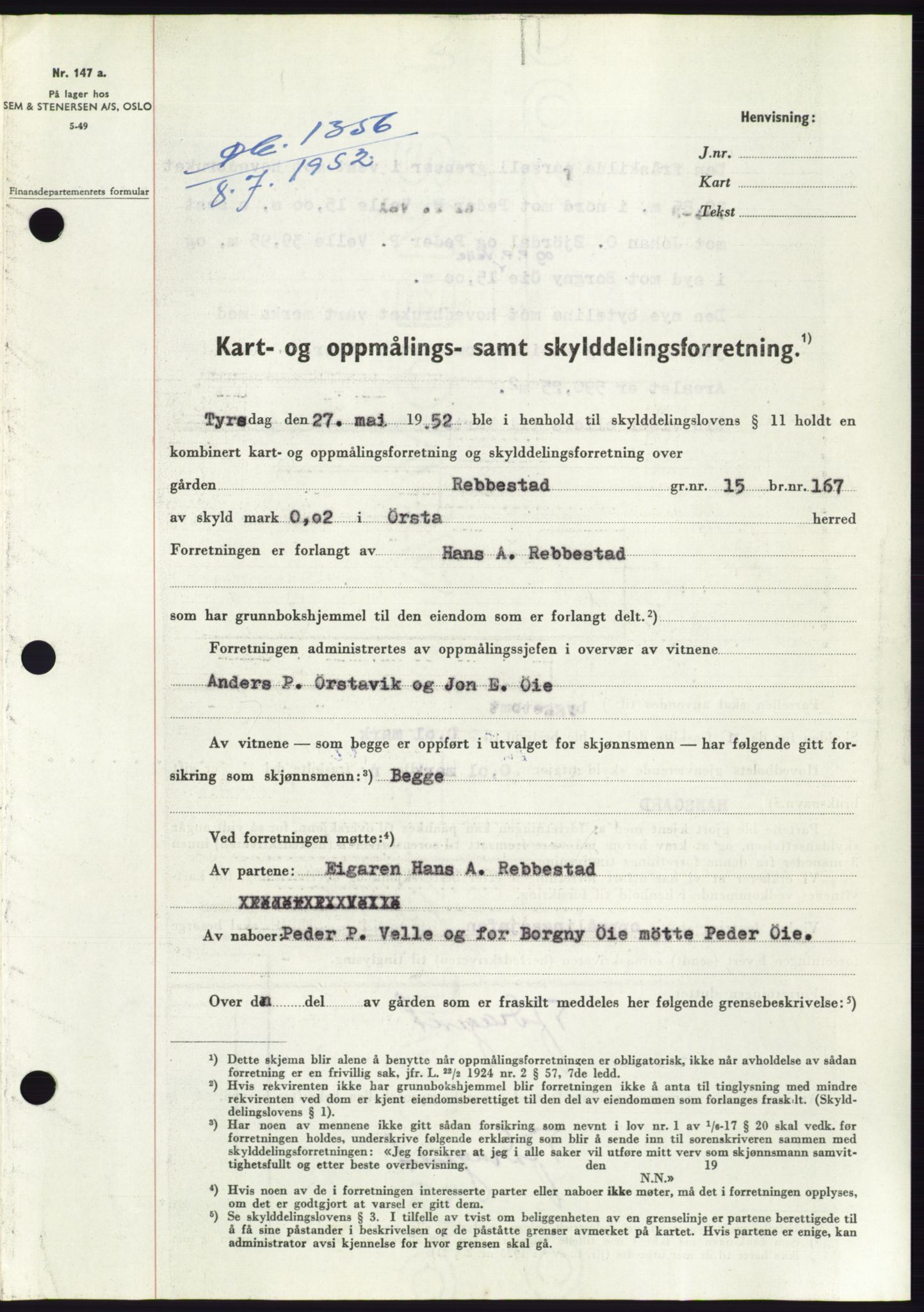 Søre Sunnmøre sorenskriveri, AV/SAT-A-4122/1/2/2C/L0092: Pantebok nr. 18A, 1952-1952, Dagboknr: 1356/1952
