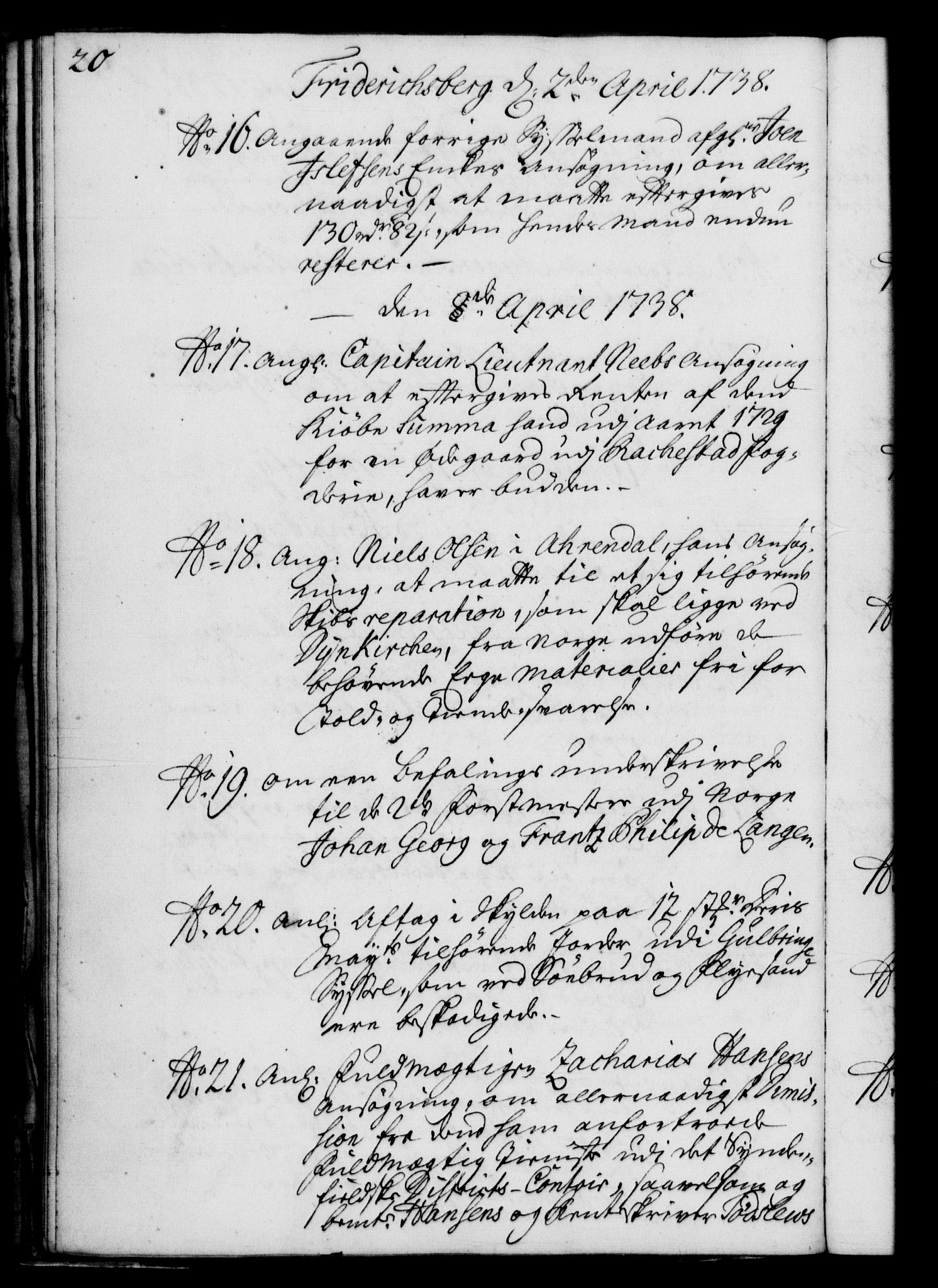 Rentekammeret, Kammerkanselliet, RA/EA-3111/G/Gf/Gfb/L0004: Register til norske relasjons- og resolusjonsprotokoller (merket RK 52.99), 1736-1743, s. 20