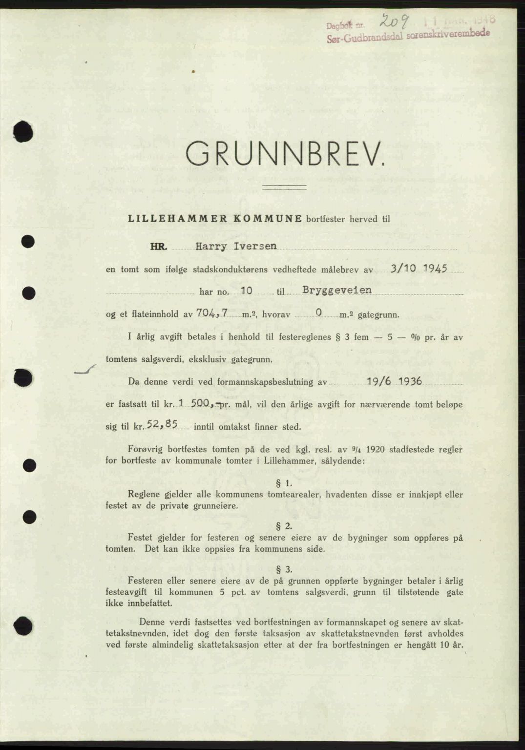 Sør-Gudbrandsdal tingrett, SAH/TING-004/H/Hb/Hbd/L0015: Pantebok nr. A15, 1945-1946, Dagboknr: 209/1946