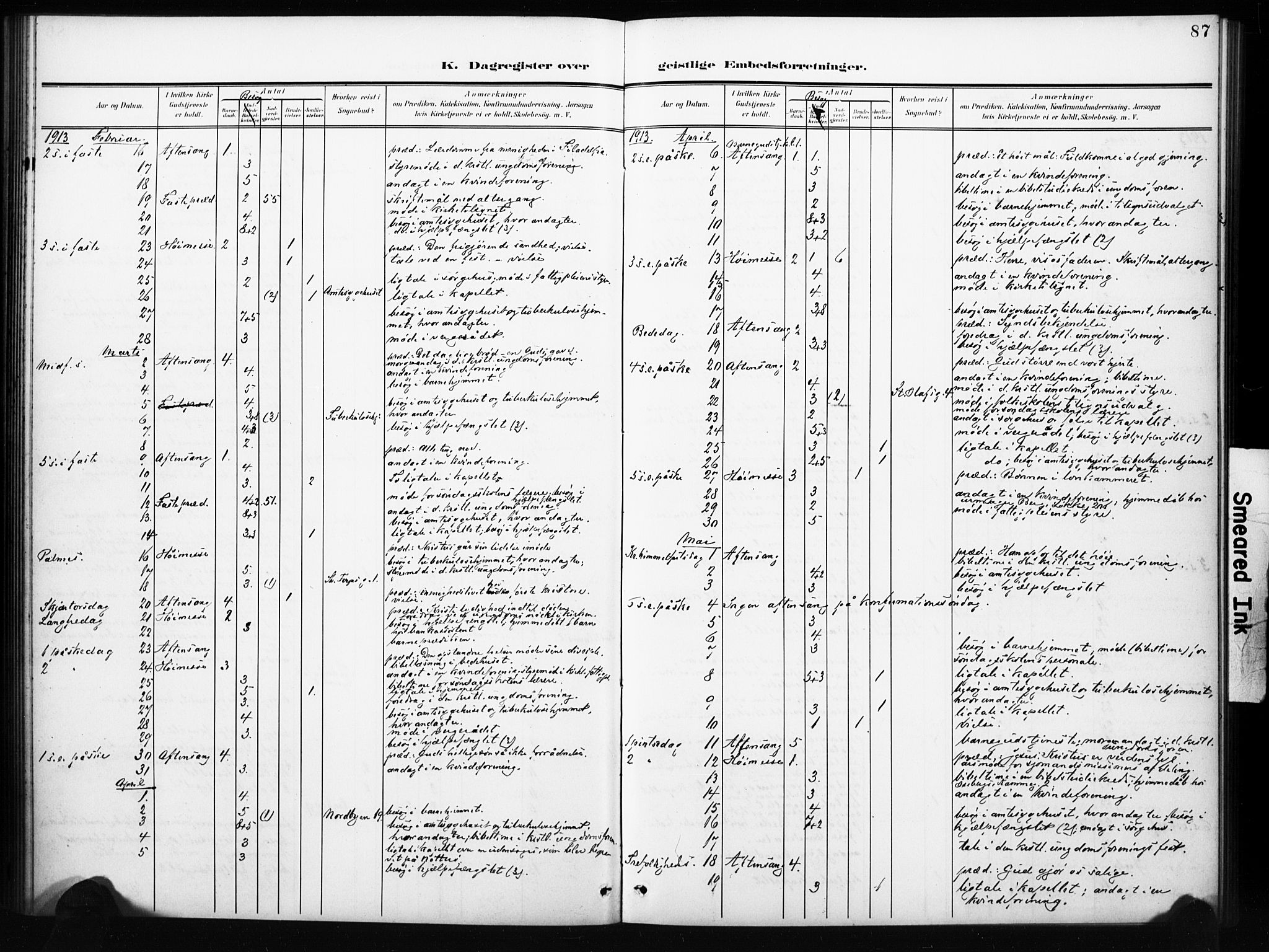 Tønsberg kirkebøker, AV/SAKO-A-330/I/Ib/L0002: Dagsregister nr. II 2, 1902-1930, s. 87