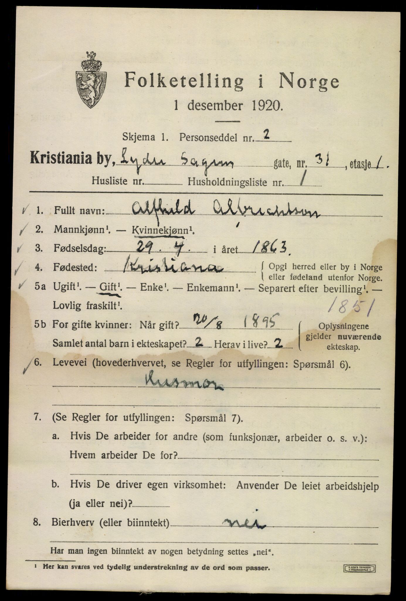 SAO, Folketelling 1920 for 0301 Kristiania kjøpstad, 1920, s. 366911