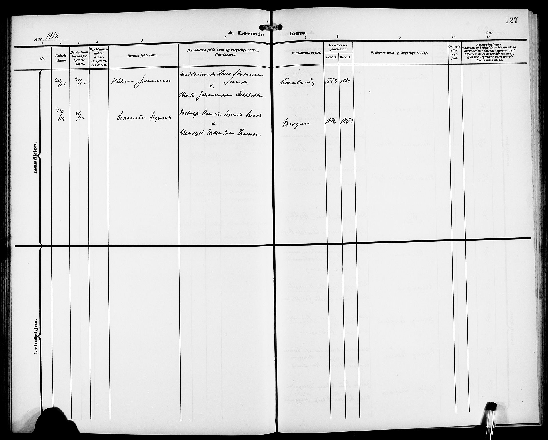 Fødselsstiftelsens sokneprestembete*, SAB/-: Klokkerbok nr. A 2, 1909-1916, s. 127