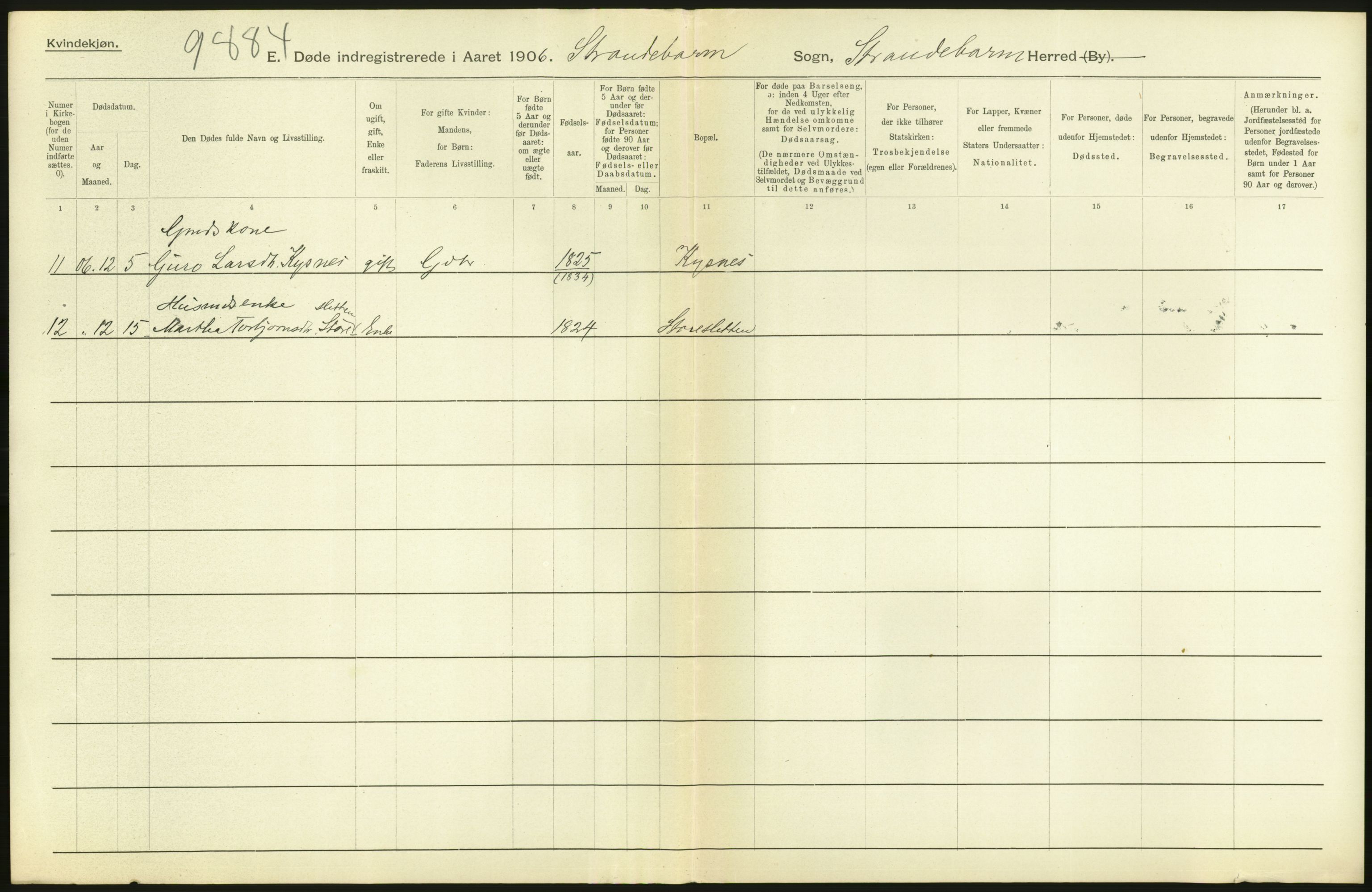Statistisk sentralbyrå, Sosiodemografiske emner, Befolkning, AV/RA-S-2228/D/Df/Dfa/Dfad/L0030: S. Bergenhus amt: Døde. Bygder., 1906, s. 106