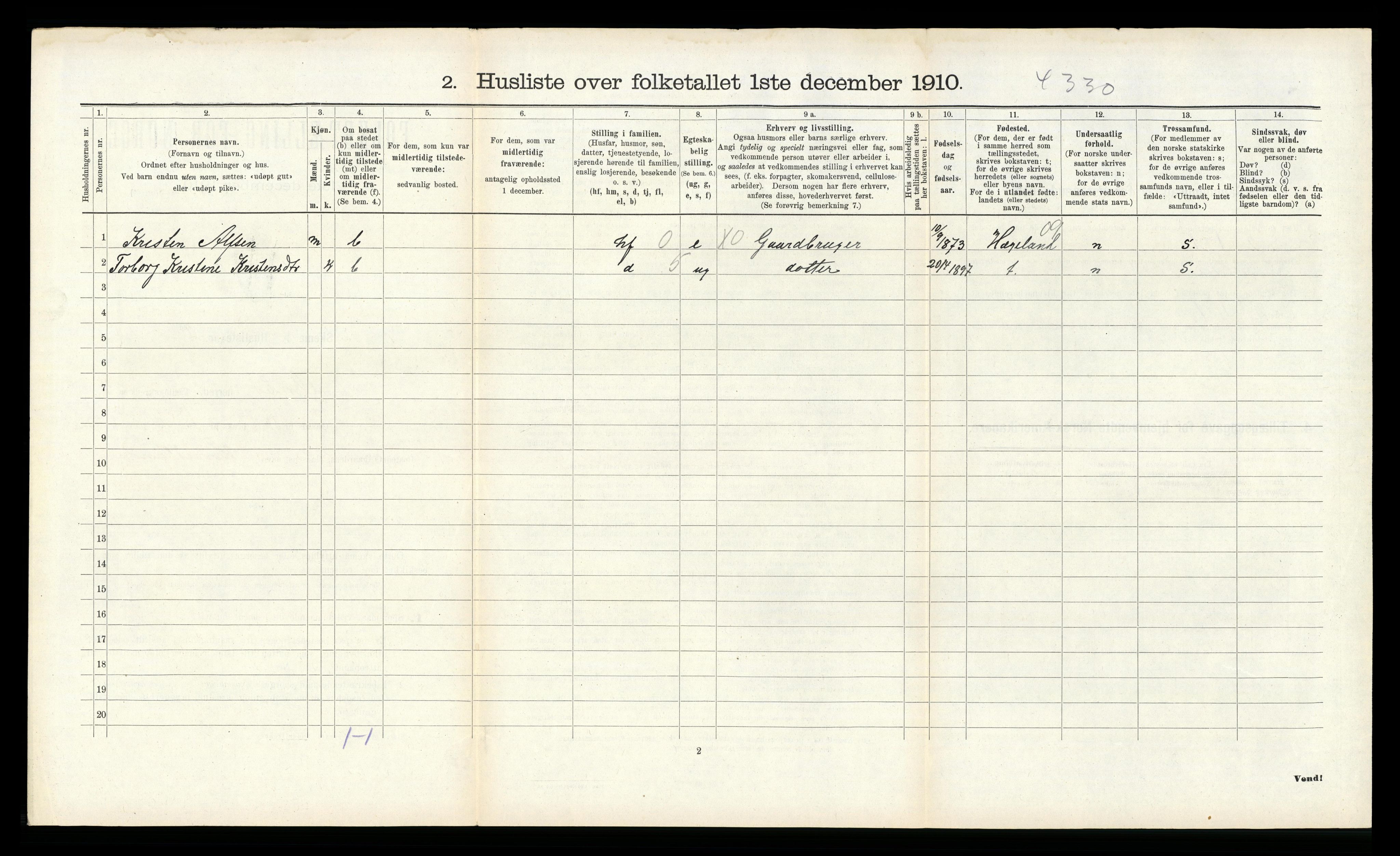 RA, Folketelling 1910 for 1016 Øvrebø herred, 1910, s. 226
